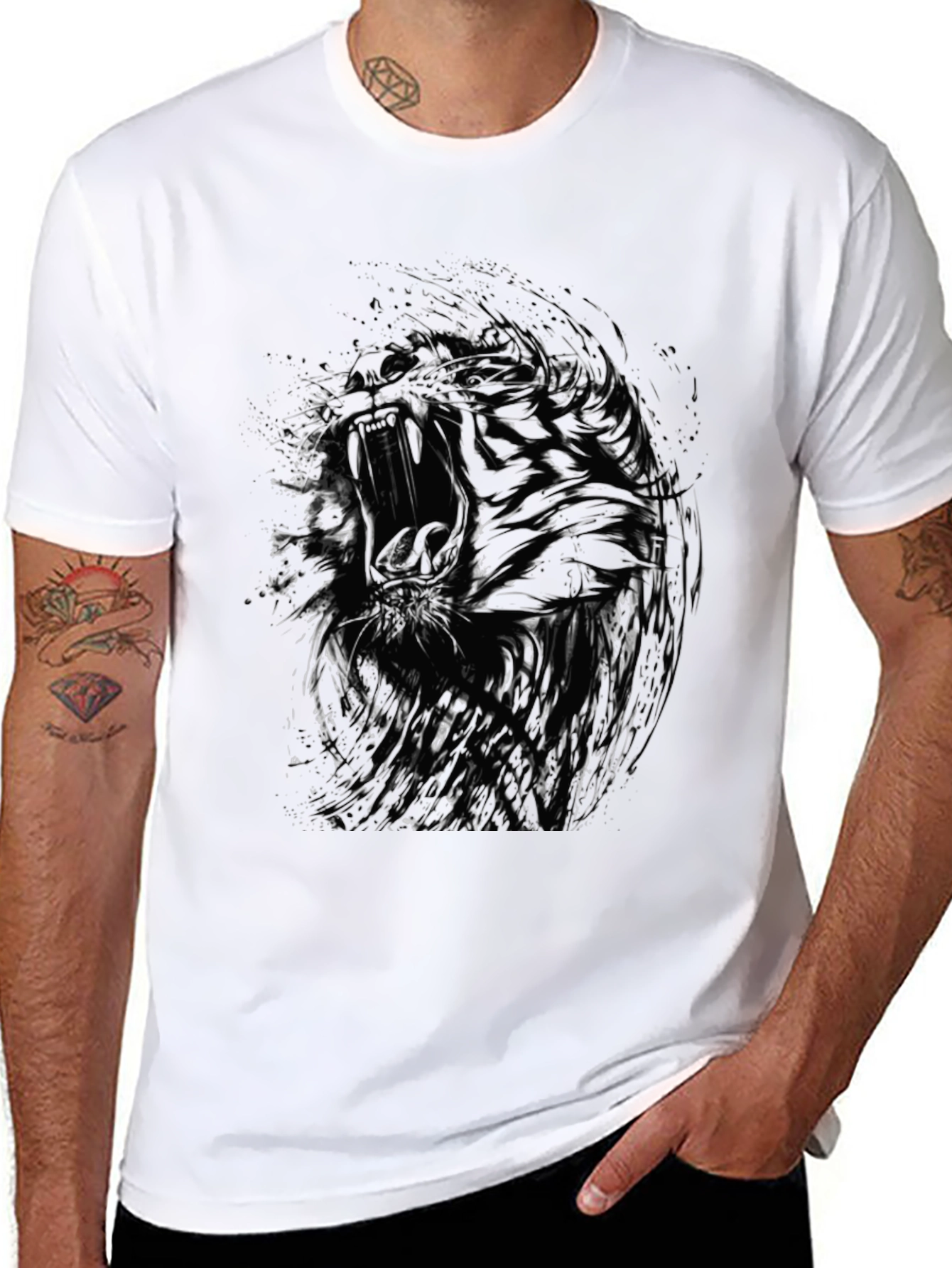 Black Abstract Roaring Tiger Graphic Black T-Shirt view 8