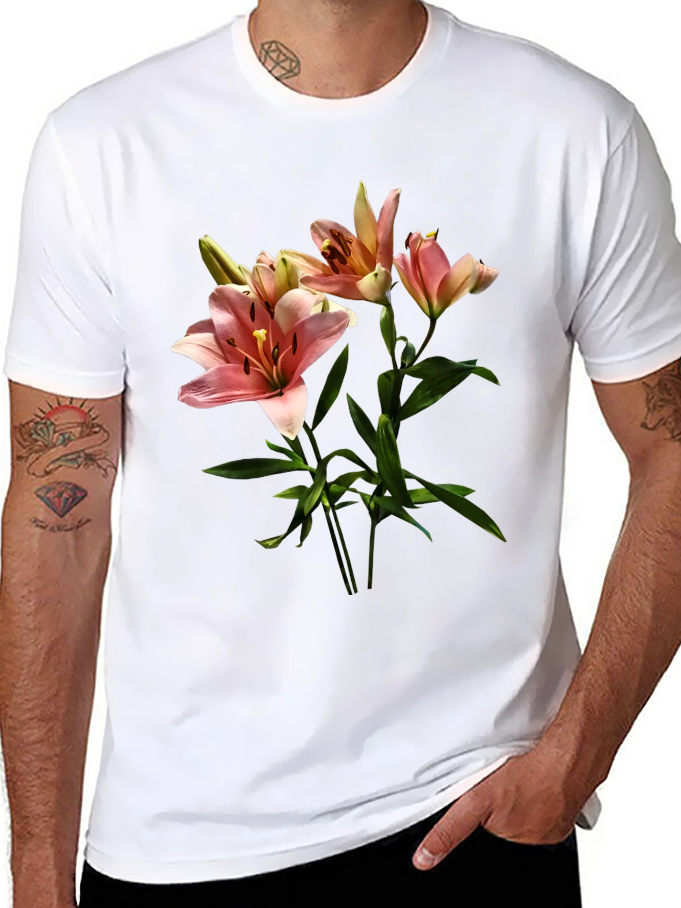 Black Floral Lily Print Black T-Shirt view 8