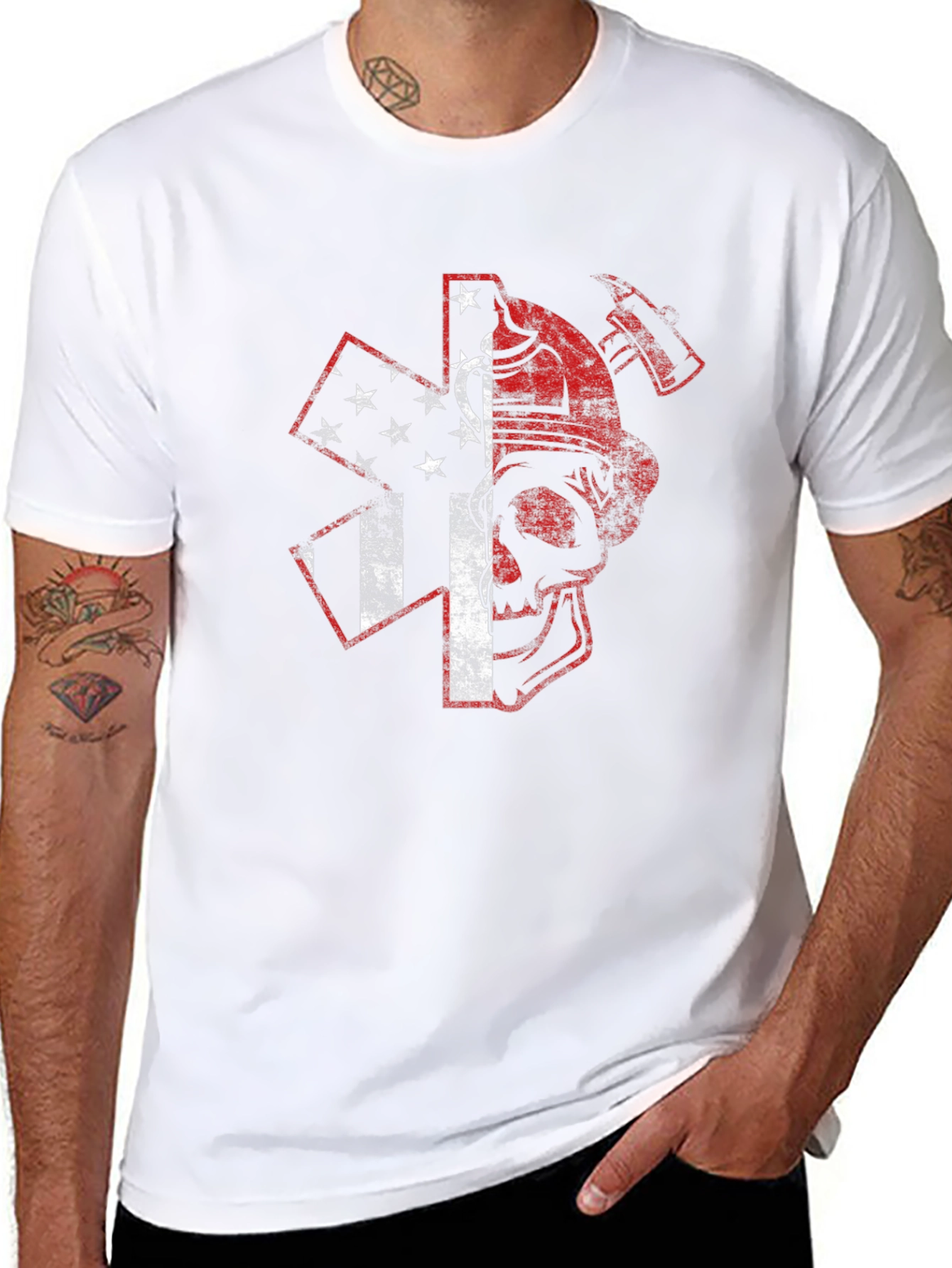 Black American Firefighter Skull Graphic T-Shirt view 8