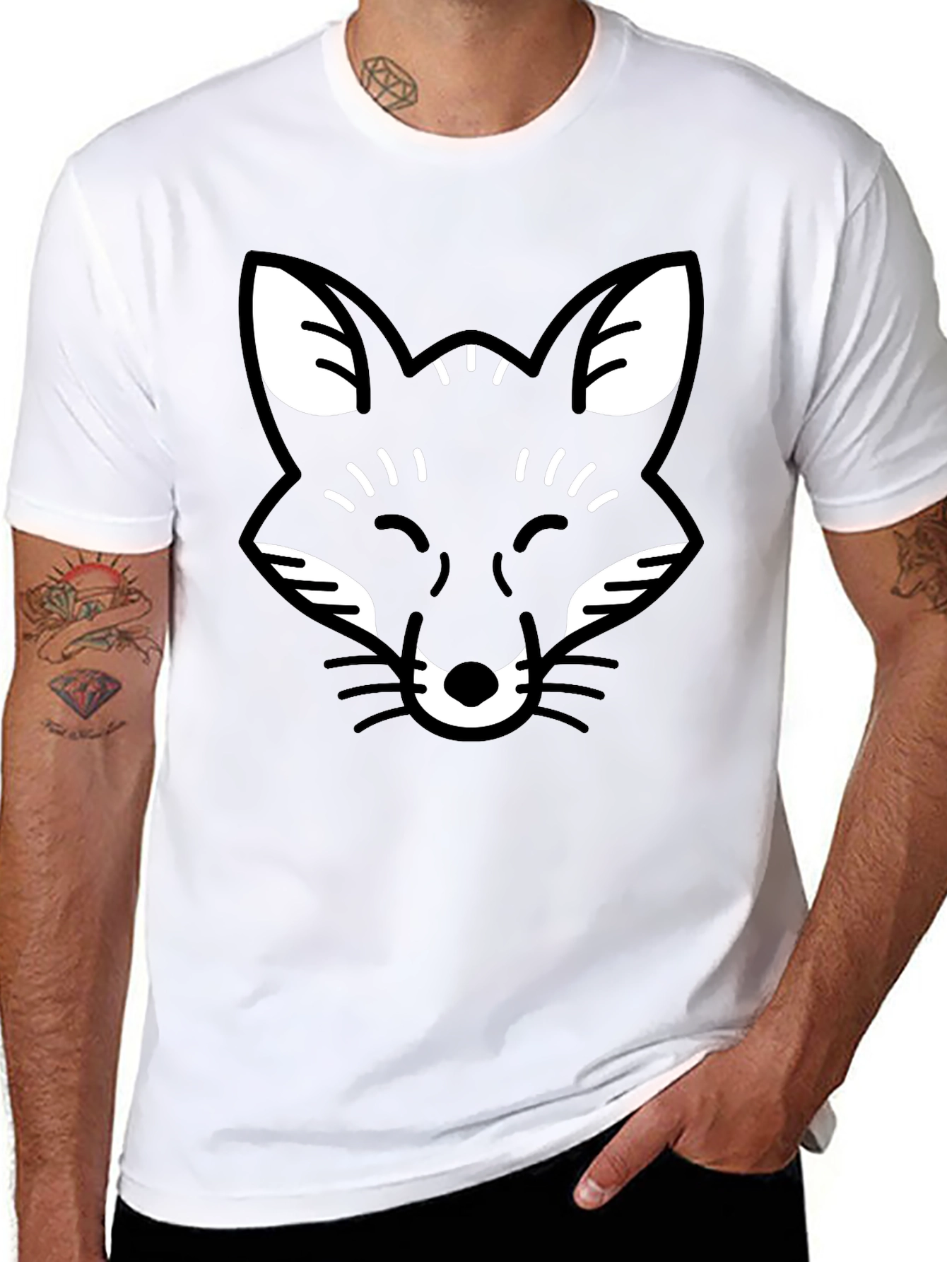 Black Black Fox Face Graphic Tee - Casual Crew Neck T-Shirt view 8