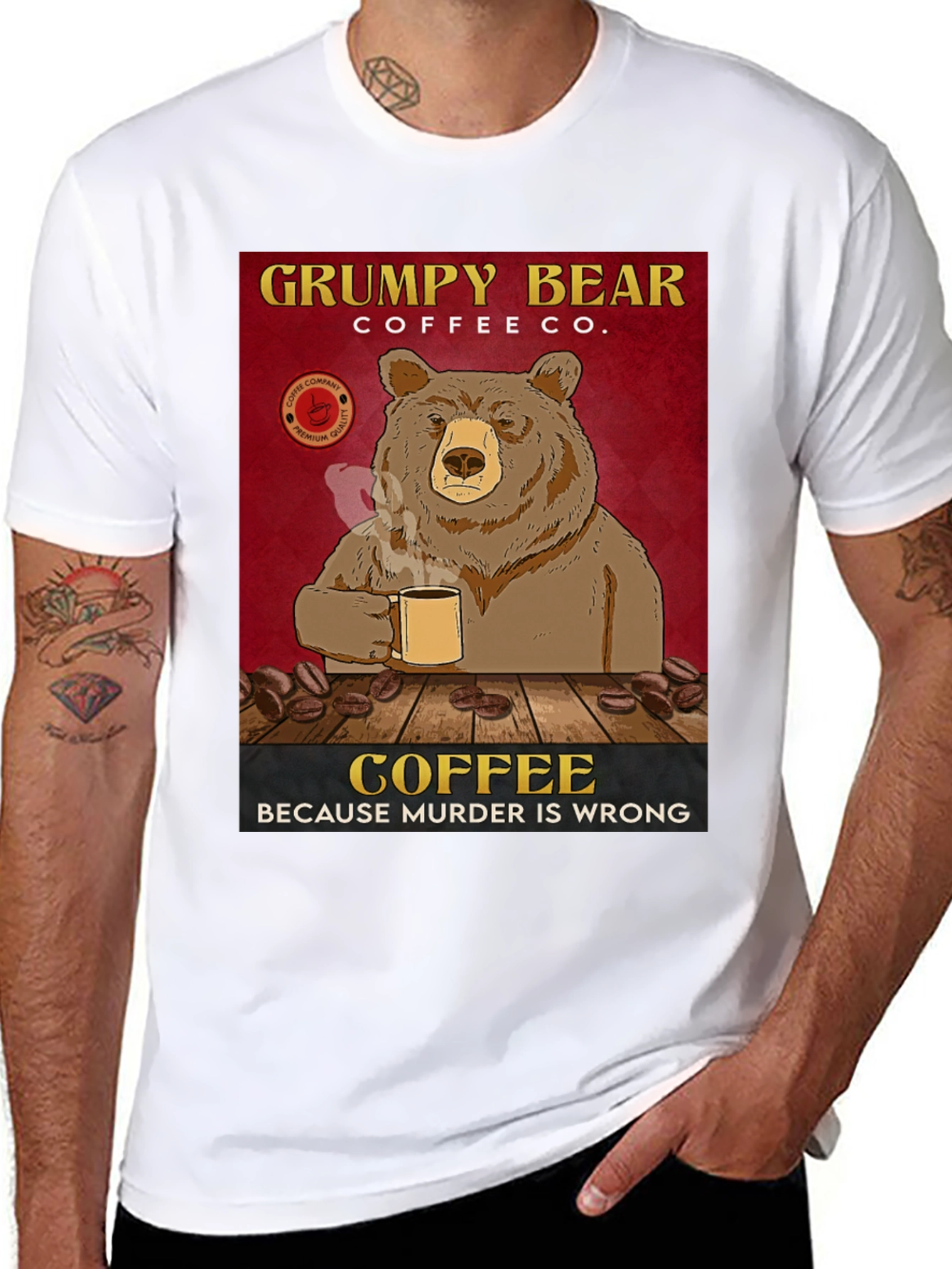 Black Grumpy Bear Coffee Co. T-Shirt - Coffee Because Murder is Wrong view 8