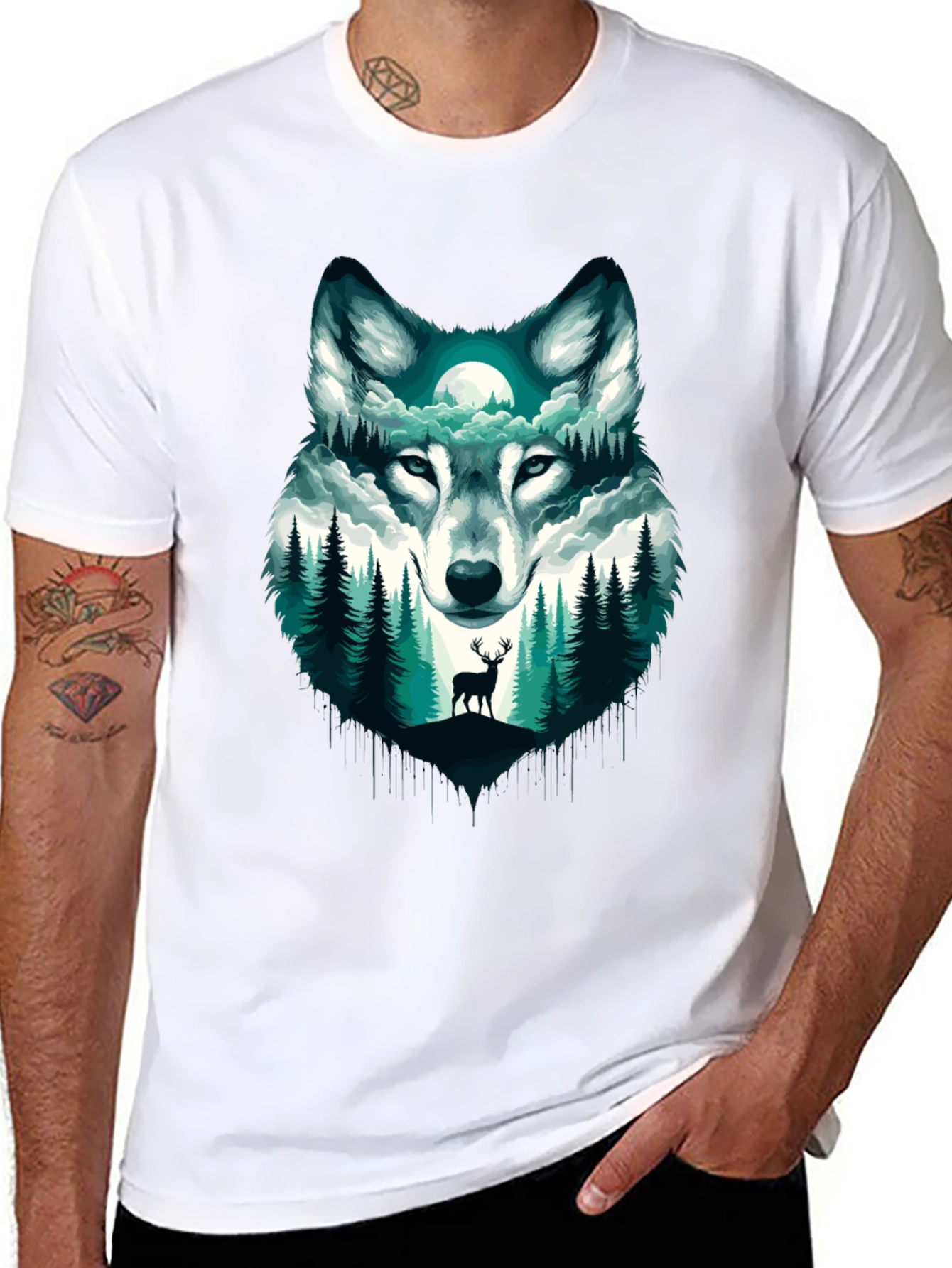 Black Wolf & Forest Graphic Tee - Nature Inspired Design view 8