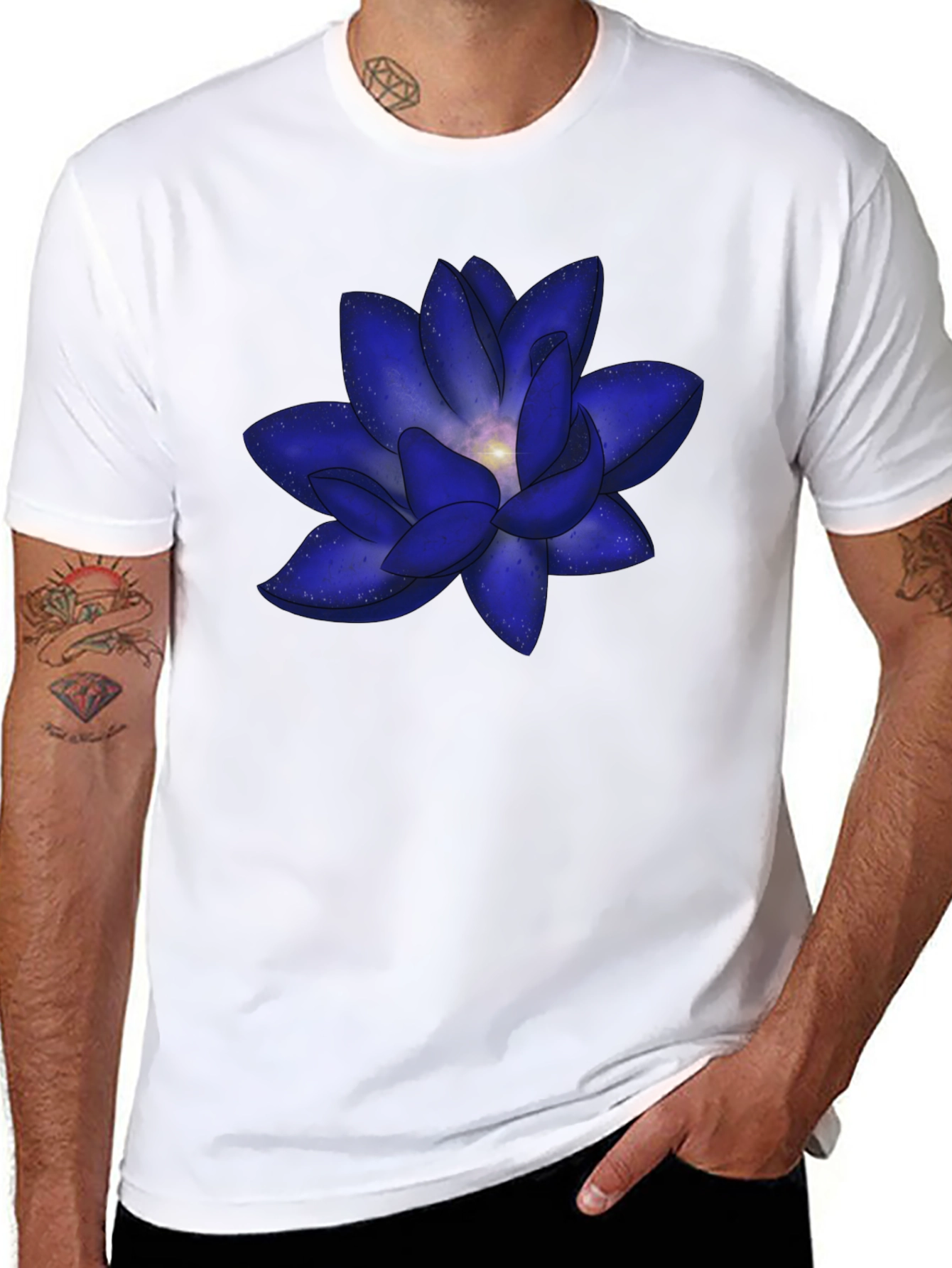 Black Blue Space Lotus Graphic T-Shirt - Modern Design view 8