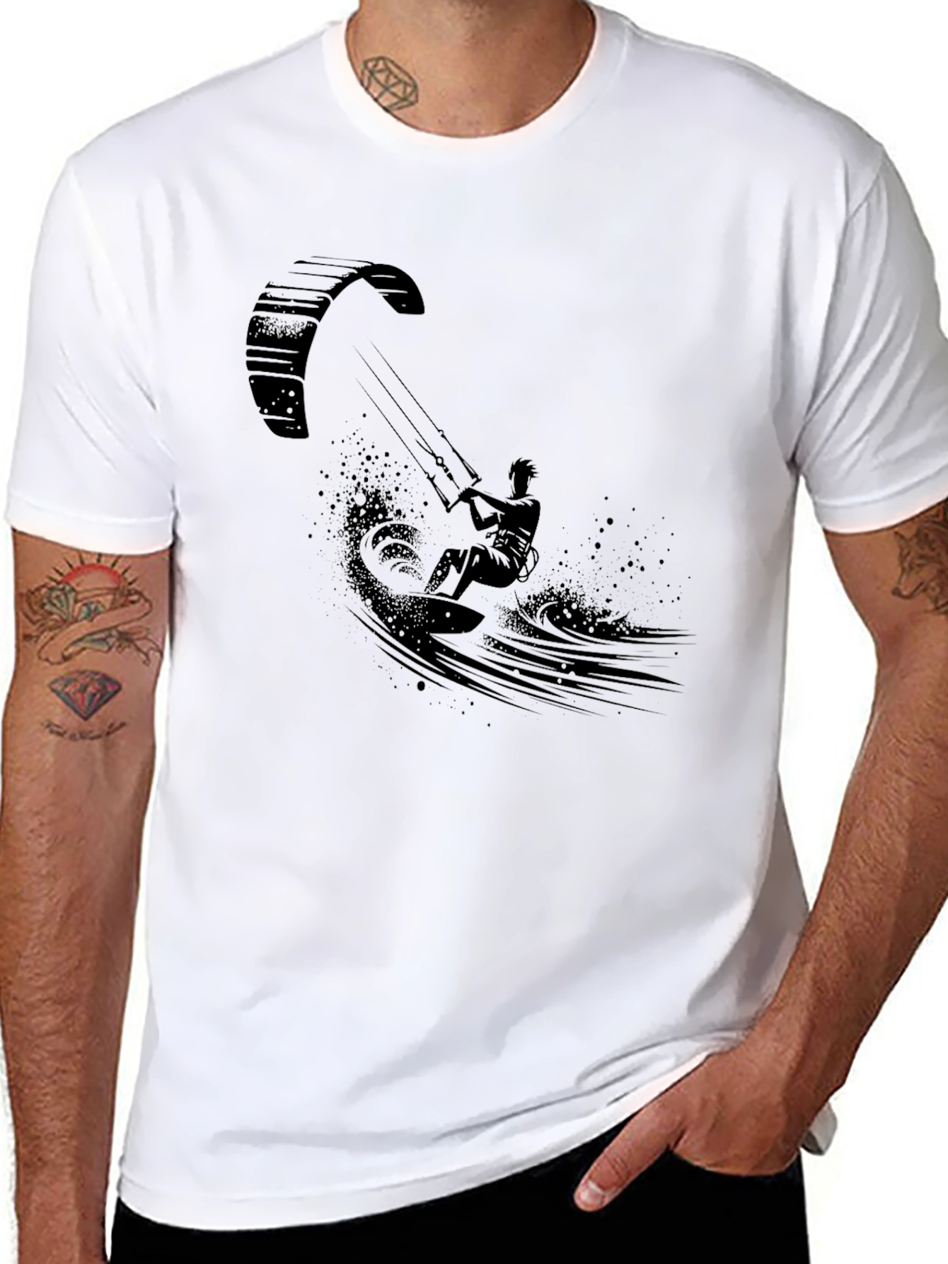 Black Kite Surfing Graphic Tee - Black Cotton T-Shirt view 8