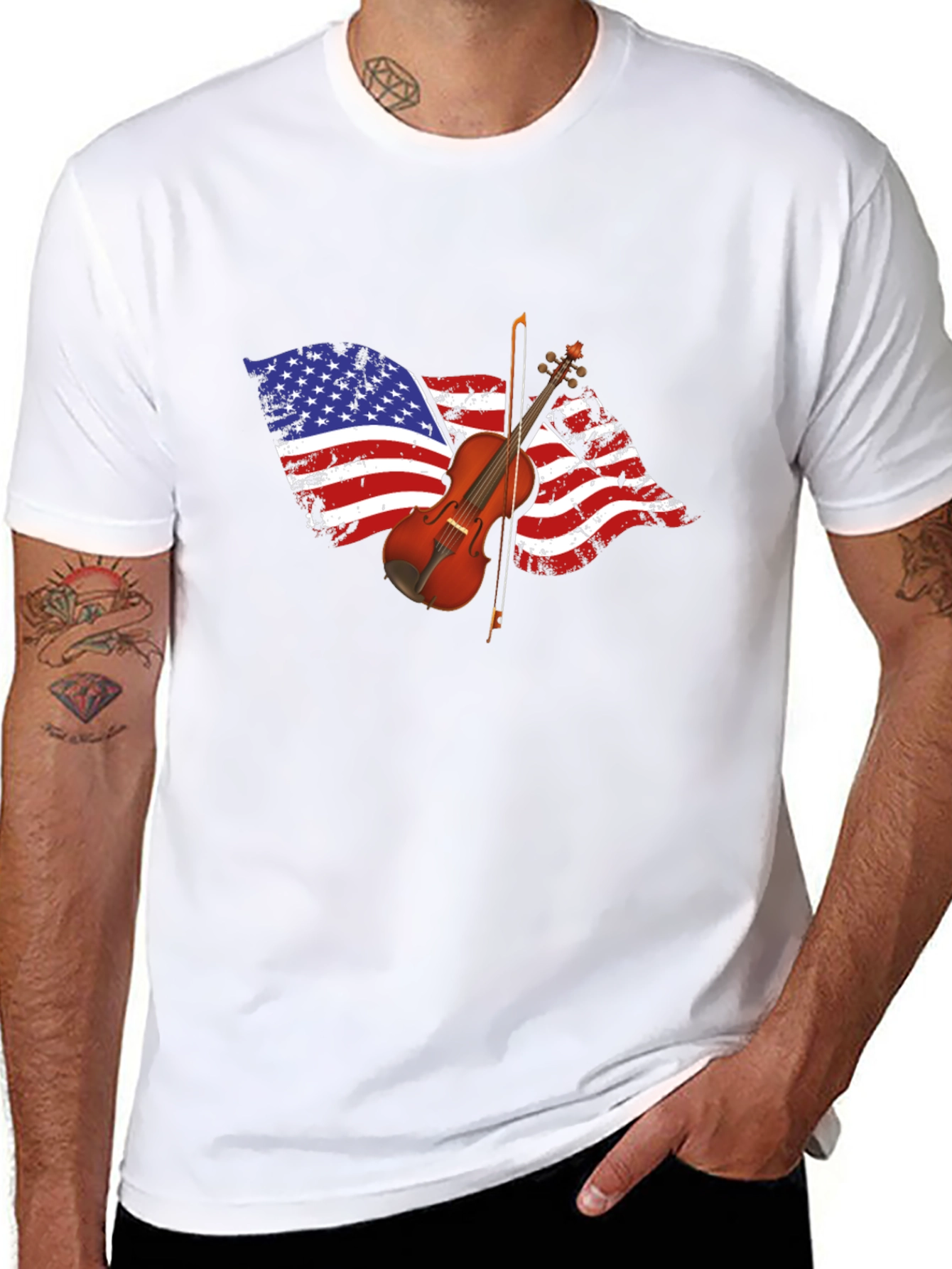 Black American Flag Violin Graphic T-Shirt view 8