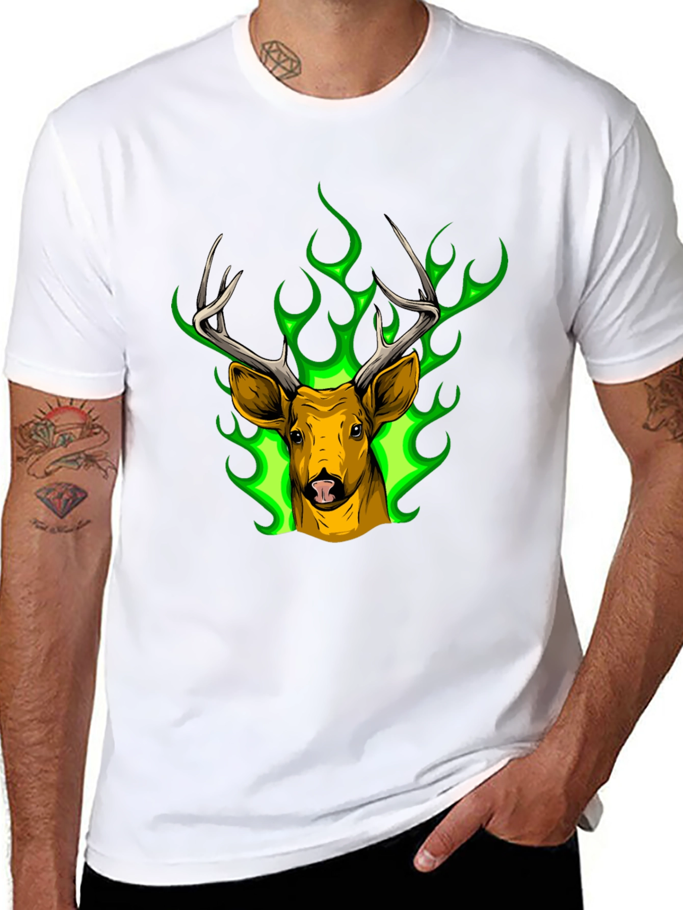 Black Deer Head Graphic Tee - Green Flame Stag Design view 8