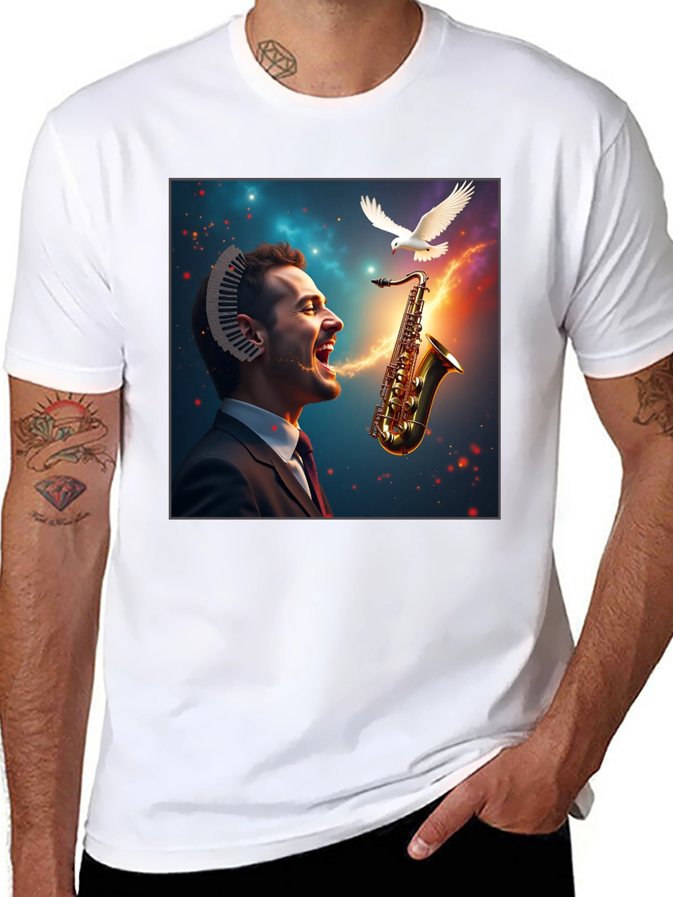 Black Musical Mind T-Shirt - Artistic Saxophone Design view 8