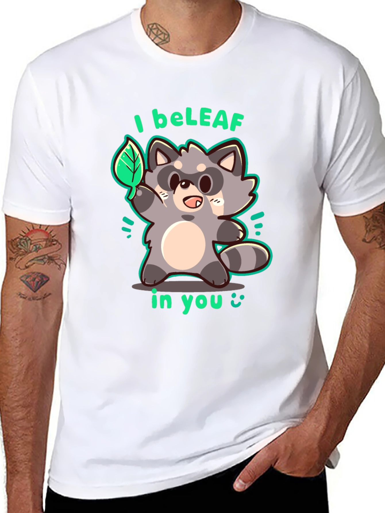 Black I beLEAF in You Raccoon Graphic T-Shirt view 8
