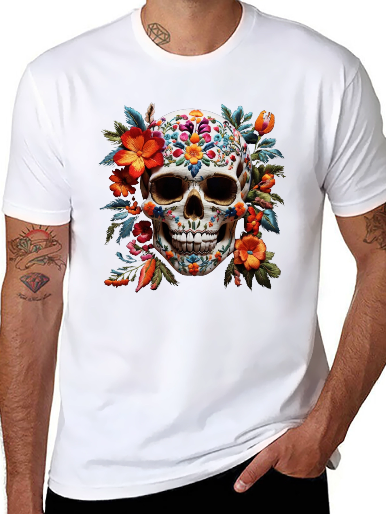 Black Floral Skull Graphic Tee - Day of the Dead view 8