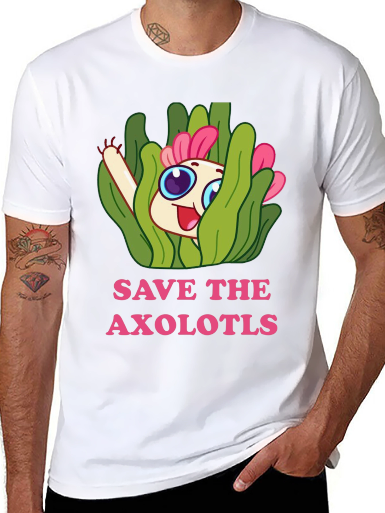 Black Save the Axolotls Cartoon Graphic T-Shirt view 8