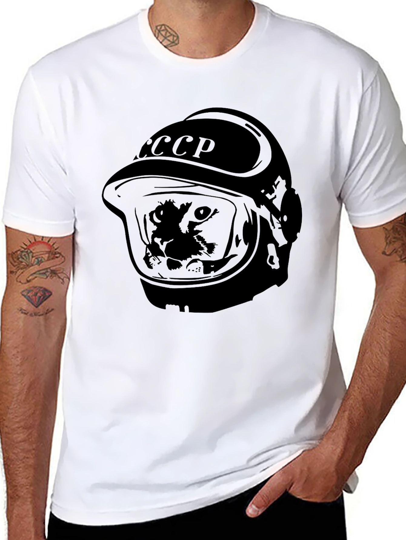 Black Soviet Space Dog T-Shirt - USSR Laika in Helmet view 8