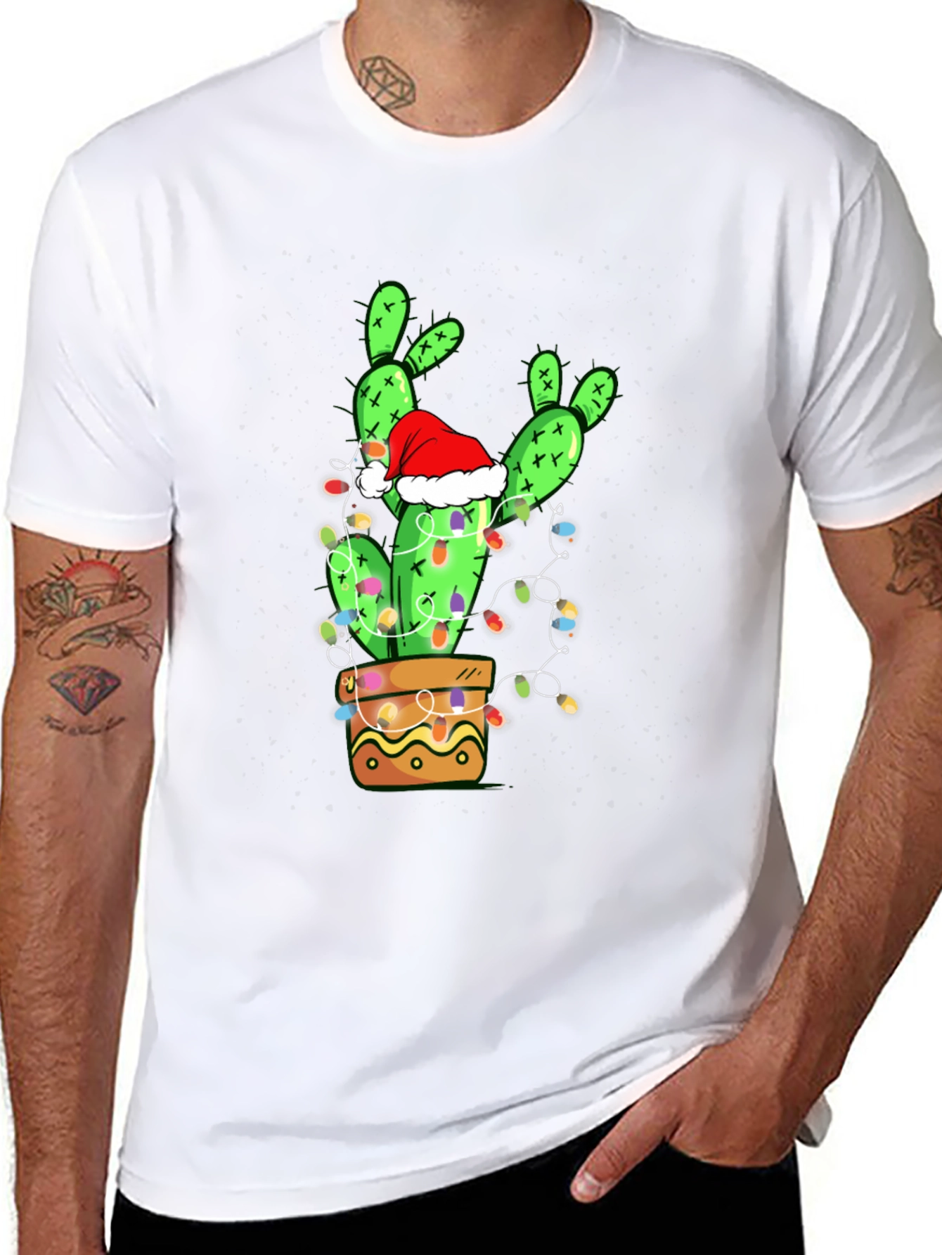 Black Festive Cactus T-Shirt: Christmas Holiday Apparel view 8