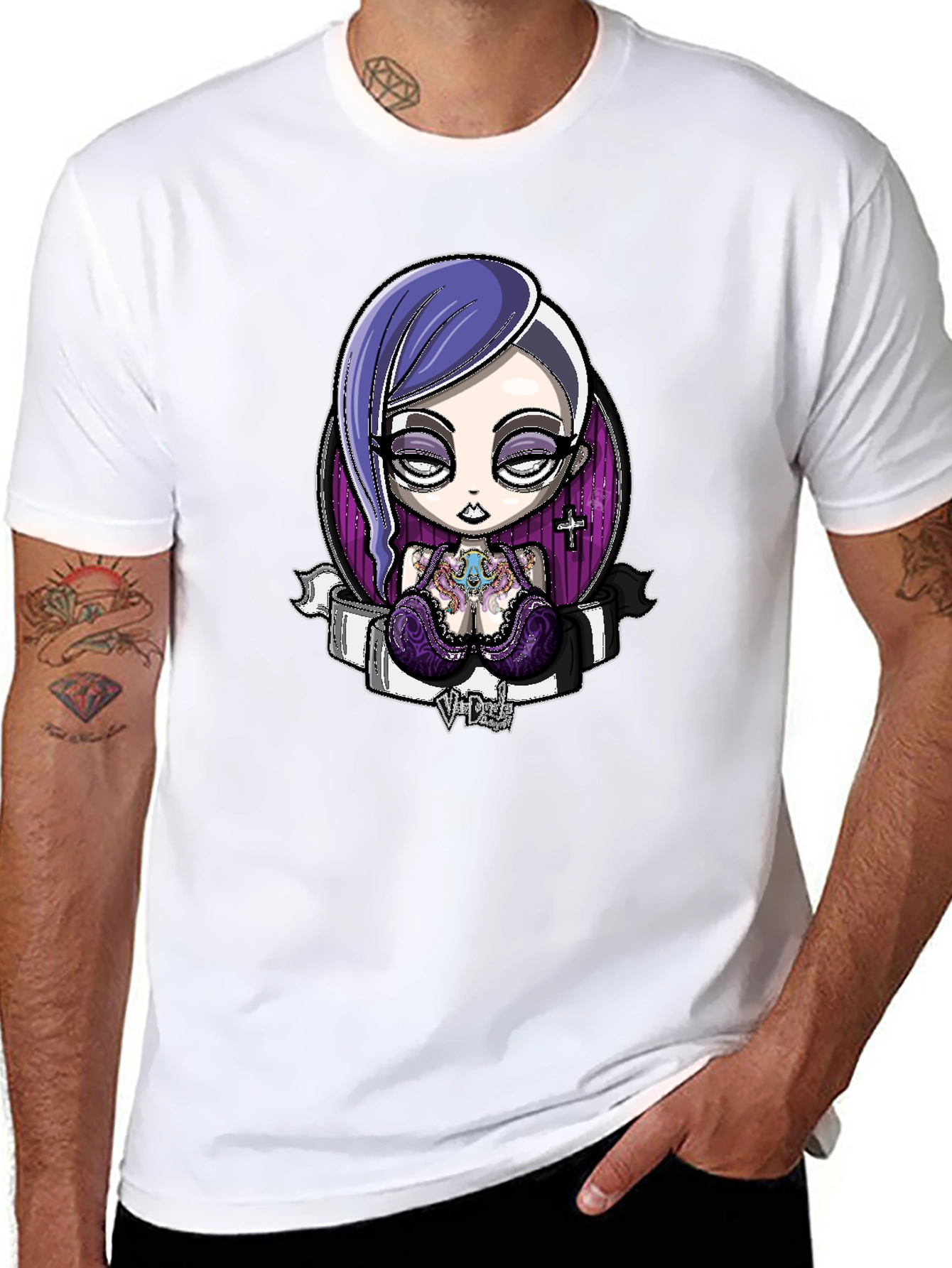 Black Gothic Cartoon Girl Graphic Black T-Shirt view 8