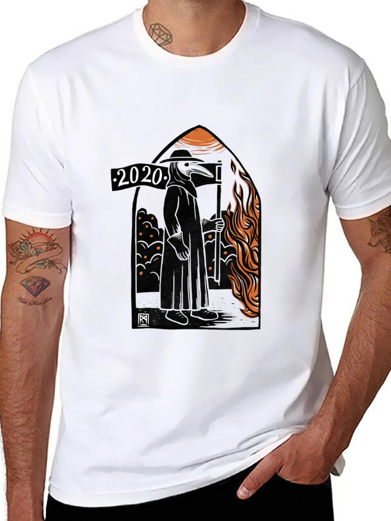 Black 2020 Plague Doctor Graphic Tee - Black Cotton T-Shirt view 8