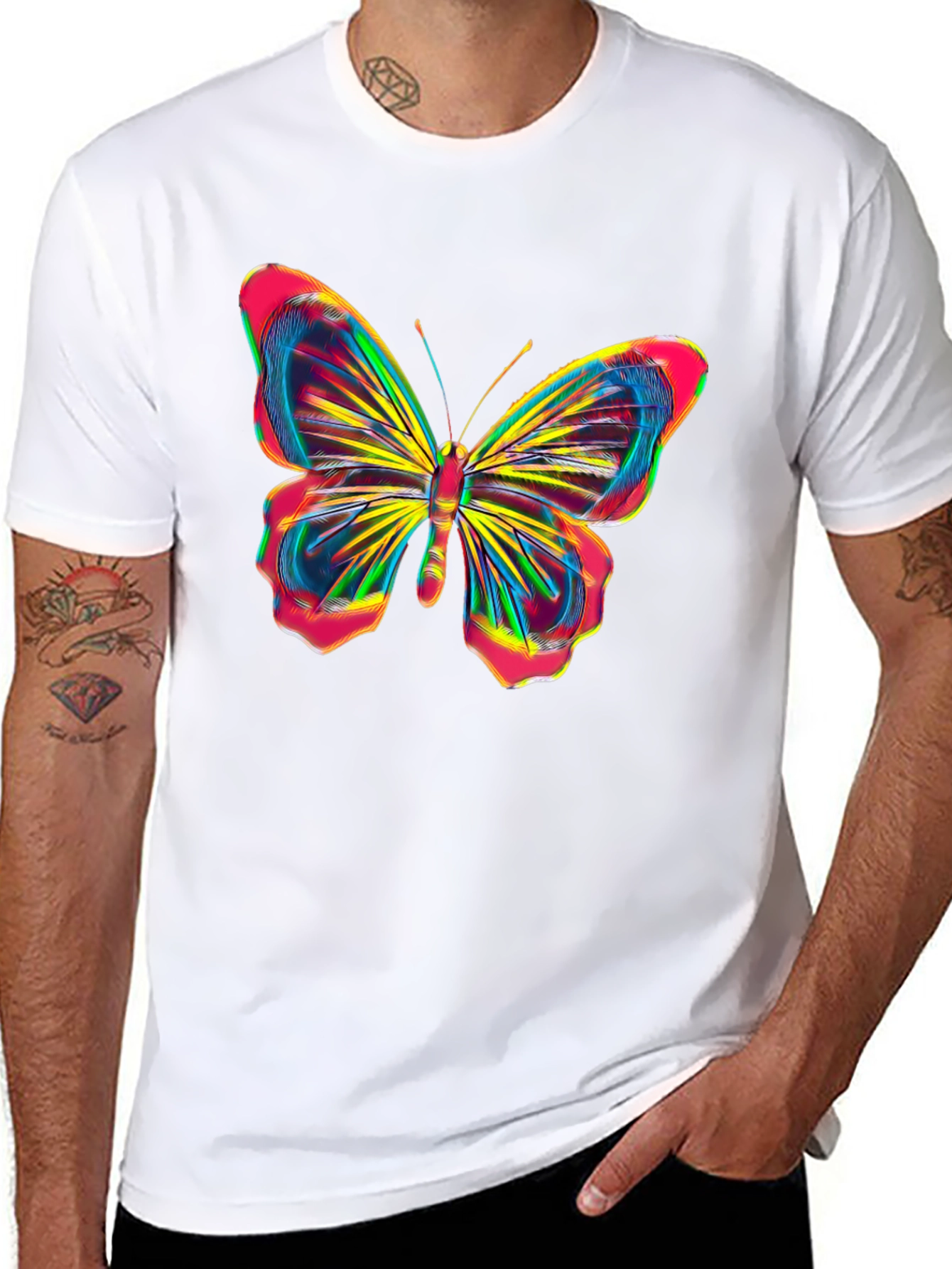 Black Vibrant Butterfly Graphic Tee - Bold Black Cotton Shirt view 8