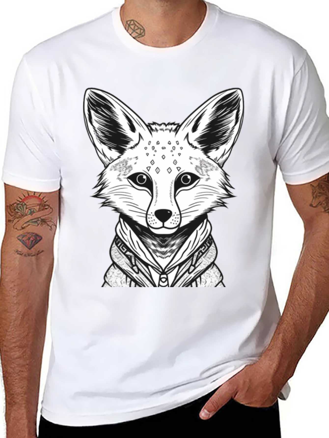 Black Cool Fox Graphic Tee - Men's Black Cotton Shirt view 8