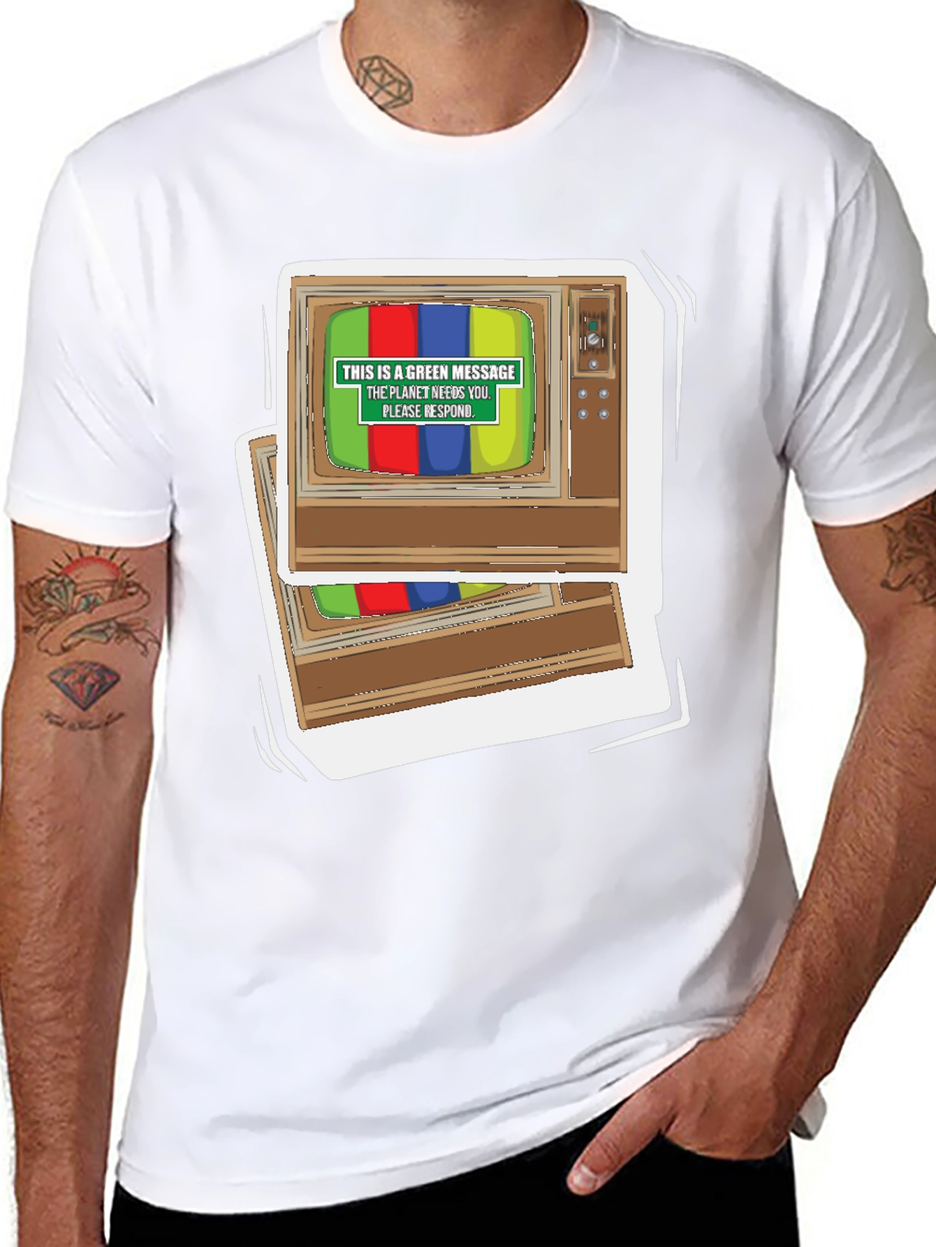 Black Retro TV Green Message Graphic Tee view 8