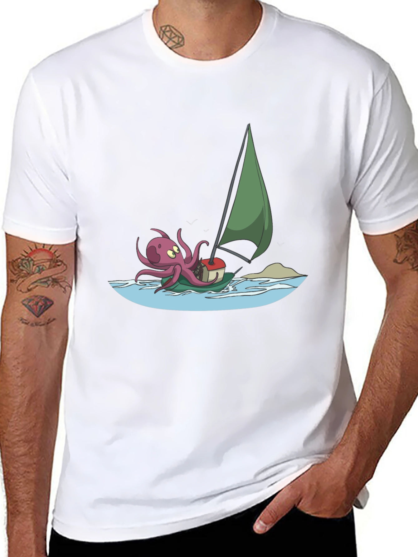 Black Octopus Sailing T-Shirt - Cartoon Design view 8