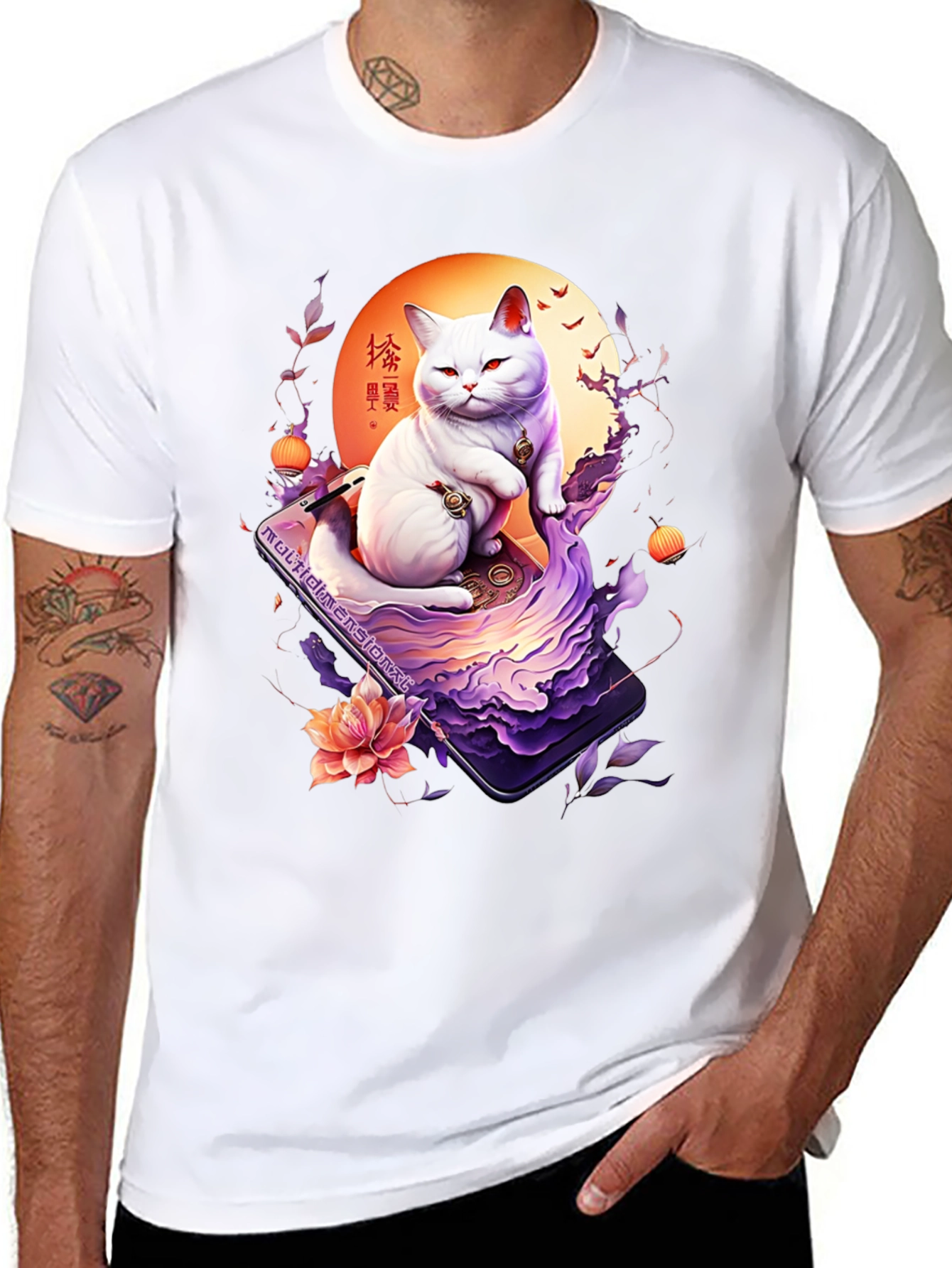 Black Mystical Cat T-Shirt - Japanese Art Style view 8