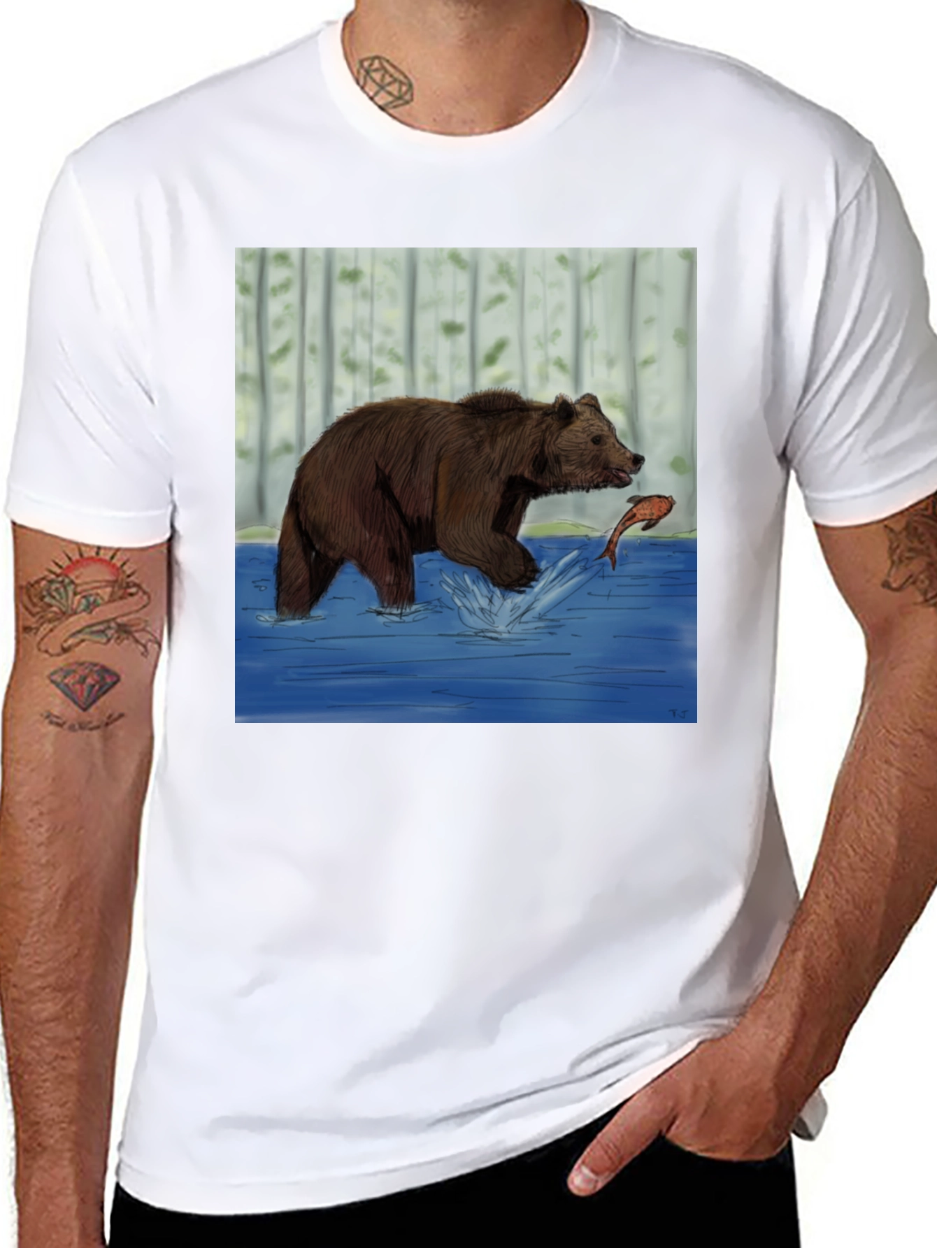 Black Bear and Fish Graphic Tee - Black Cotton Blend view 8