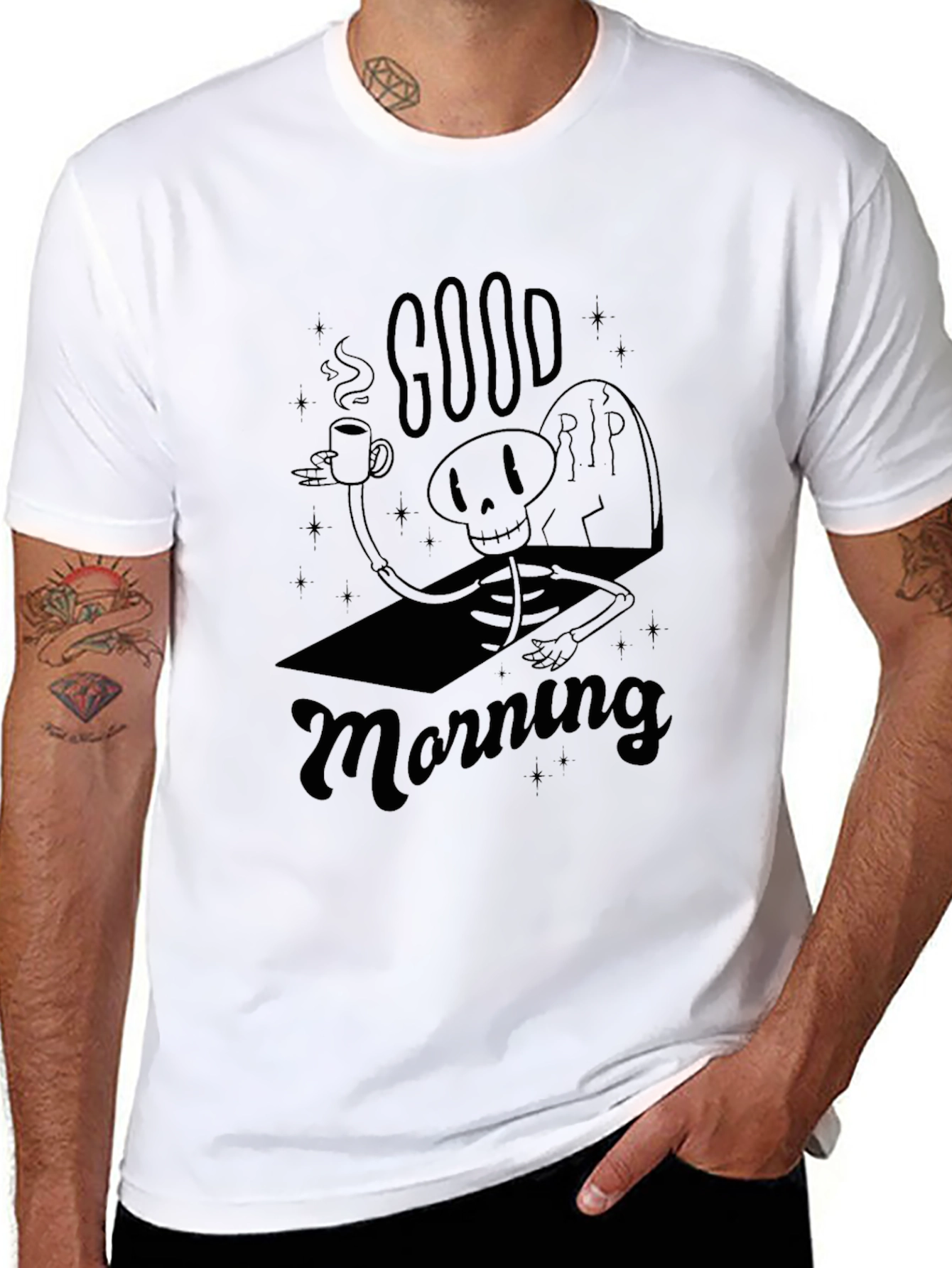 Black Good Morning Skeleton Graphic Tee view 8