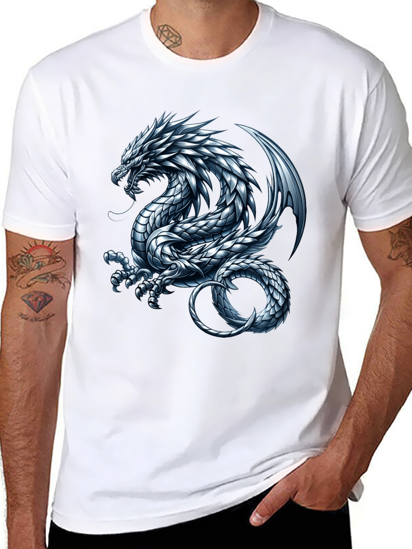 Black Black T-Shirt with Silver Dragon Graphic view 8