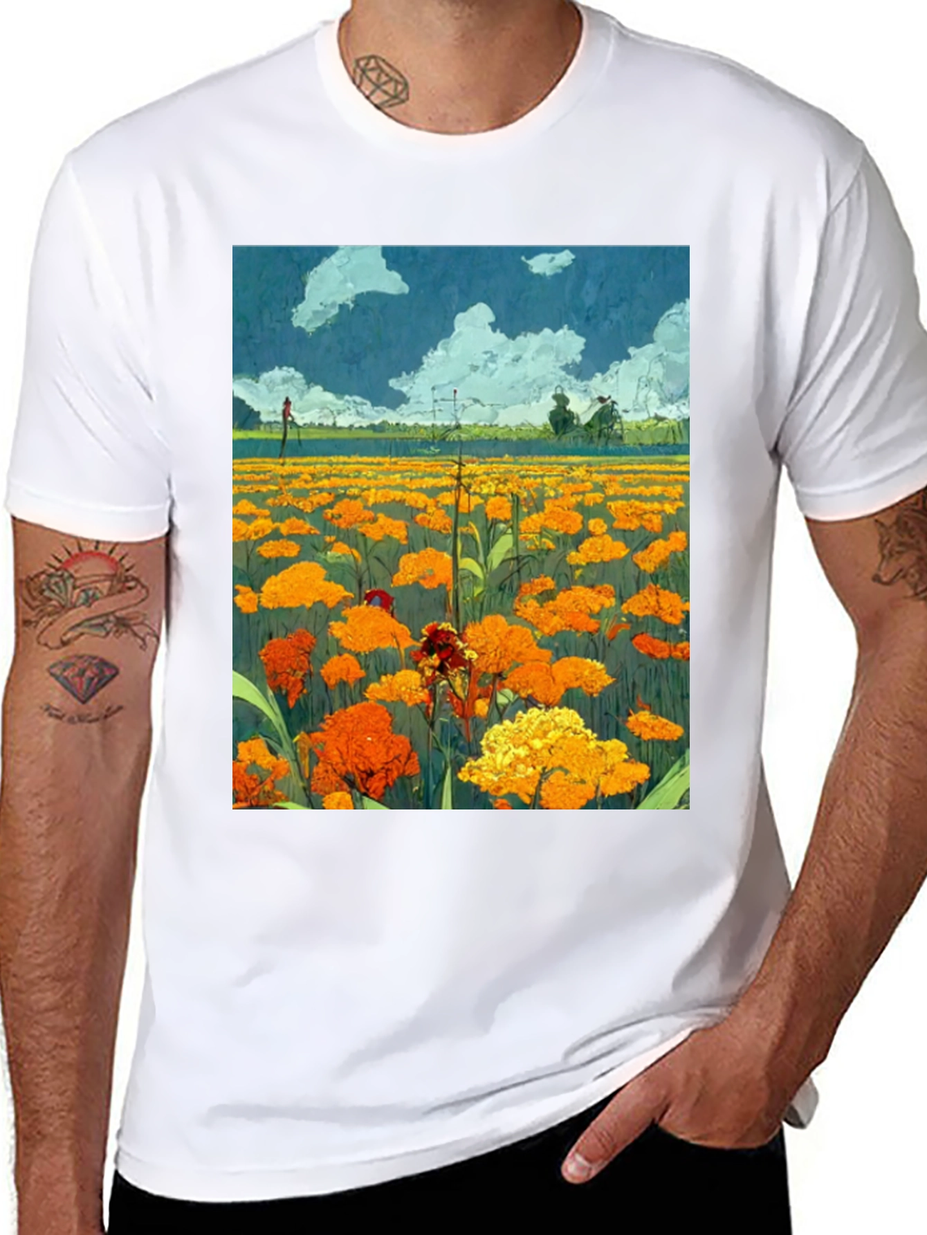 Black Floral Field Print Black T-Shirt view 8