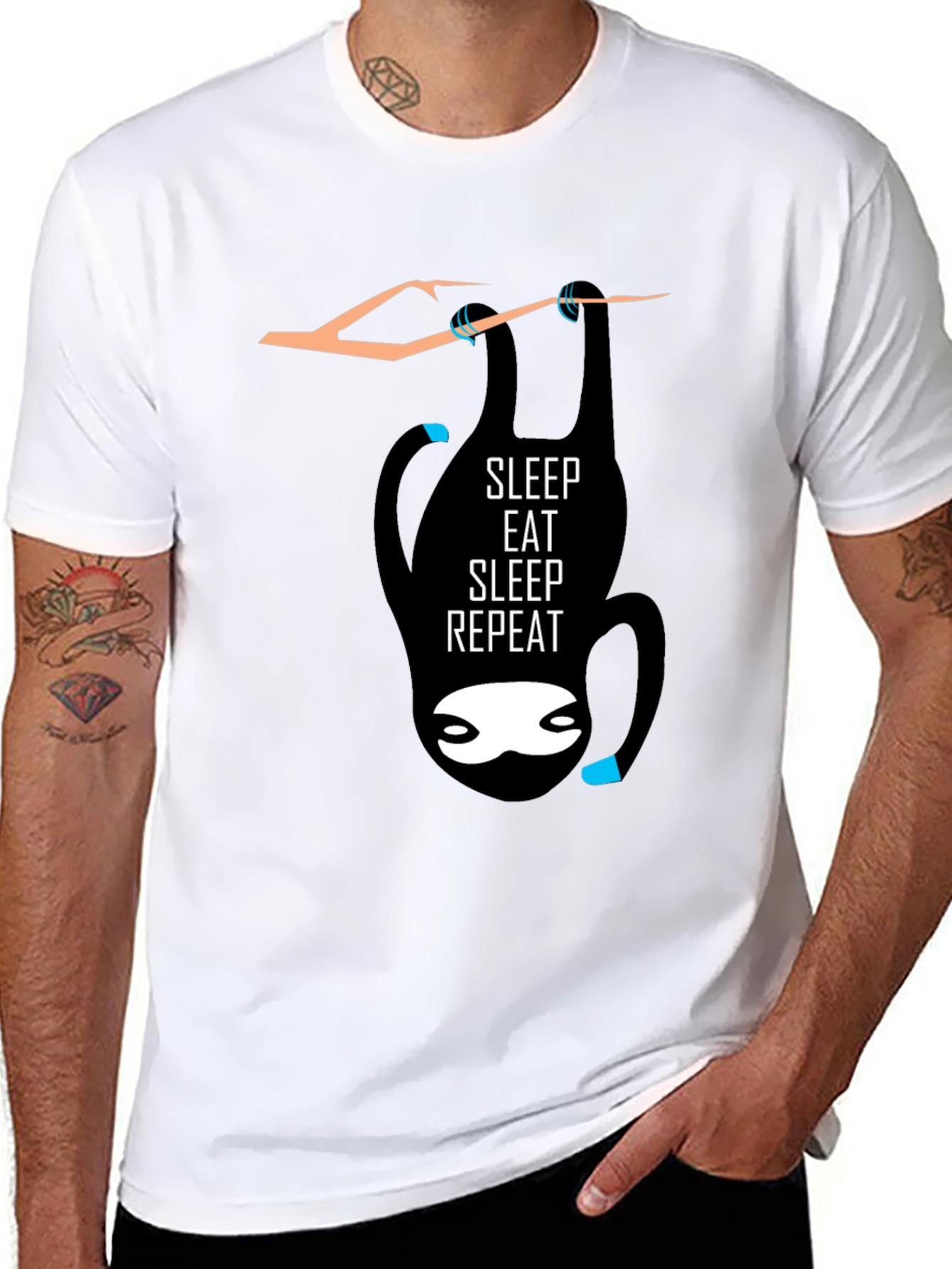 Black Sleep Eat Repeat Sloth Graphic Tee - Black Cotton Casual T-Shirt view 8