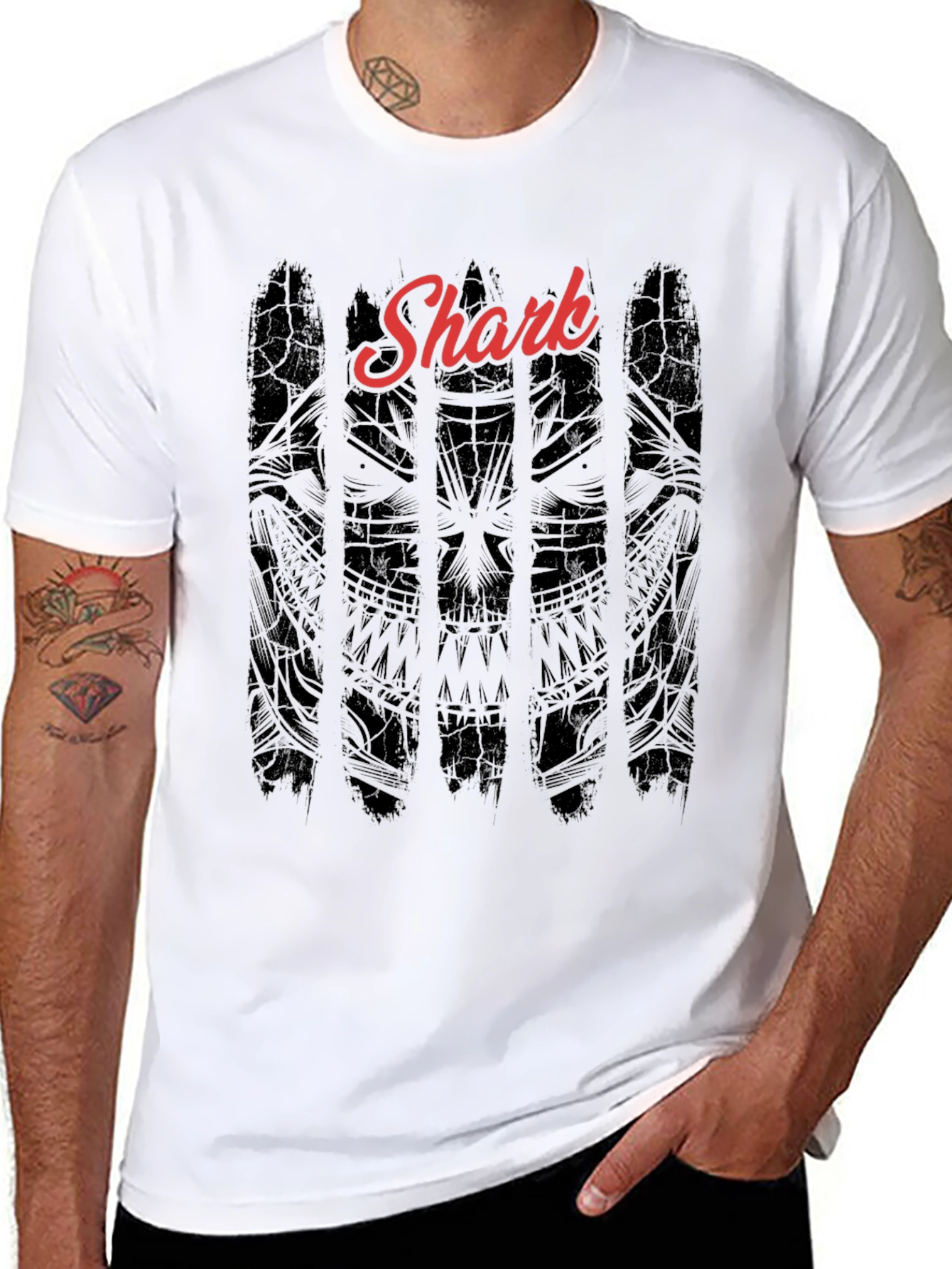 Black Shark Graphic Print Men's T-Shirt - Black Crew Neck Tee view 8