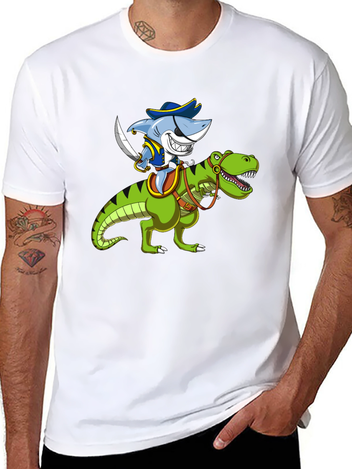 Black Shark Pirate Riding Dinosaur Graphic T-Shirt view 8
