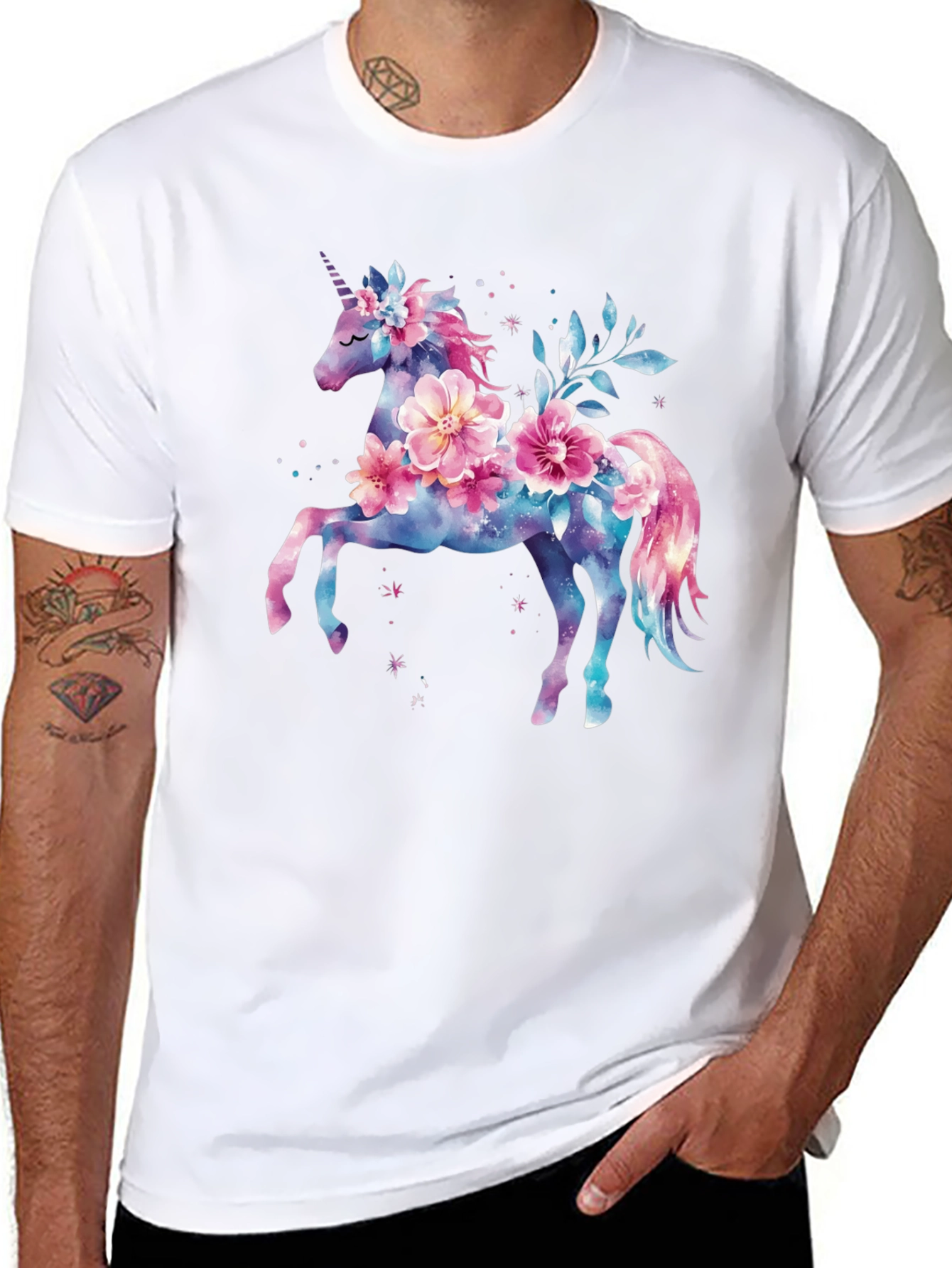 Floral Unicorn Graphic Tee - Black Cotton Blend Shirt - 8