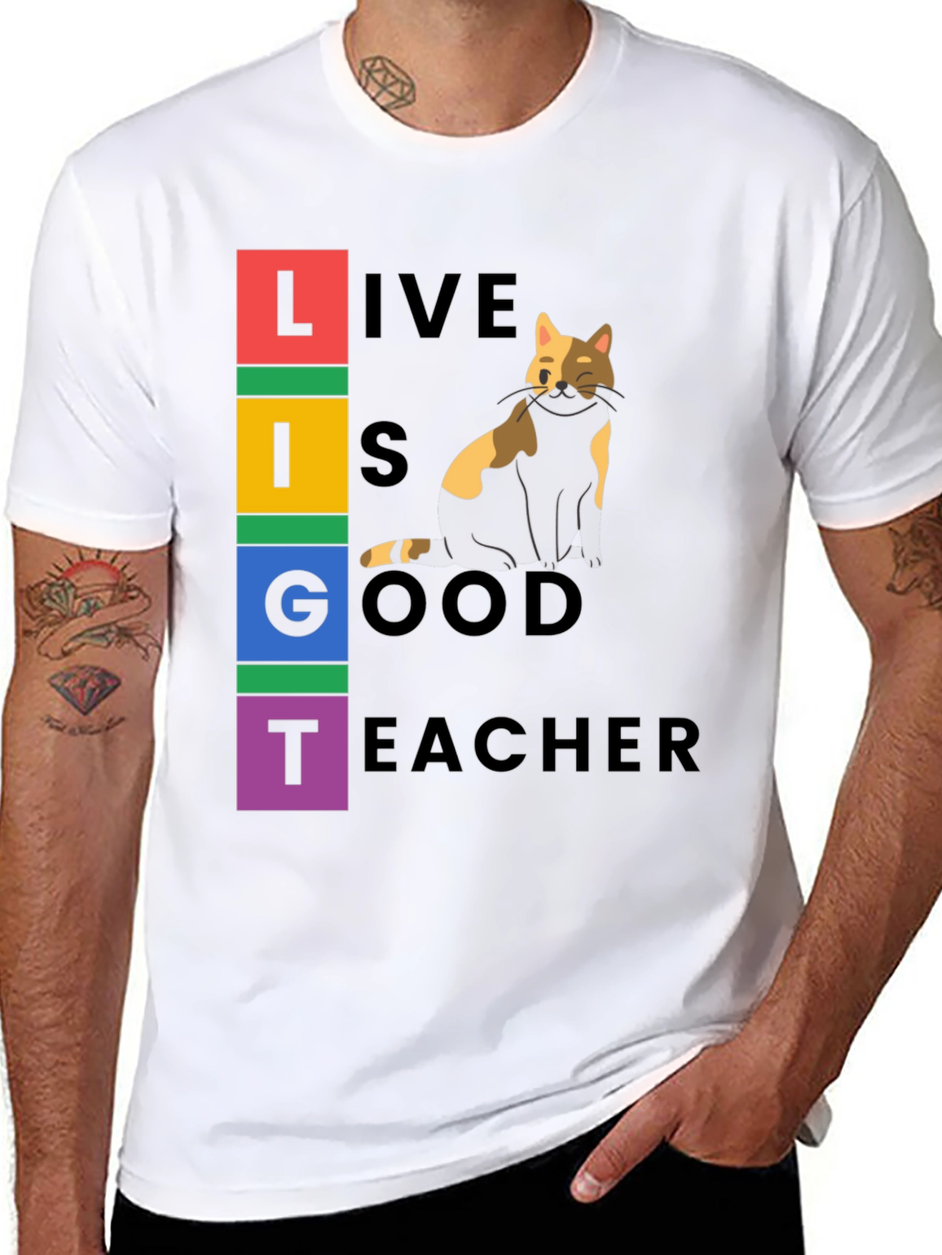 Black Live Is Good Cat Teacher Graphic Tee view 8