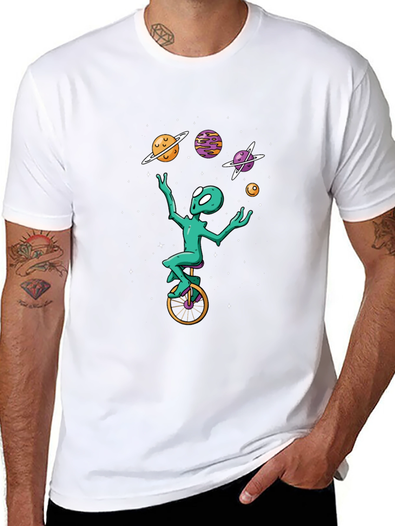 Black Alien Unicycle T-Shirt - Space Juggling Tee view 8
