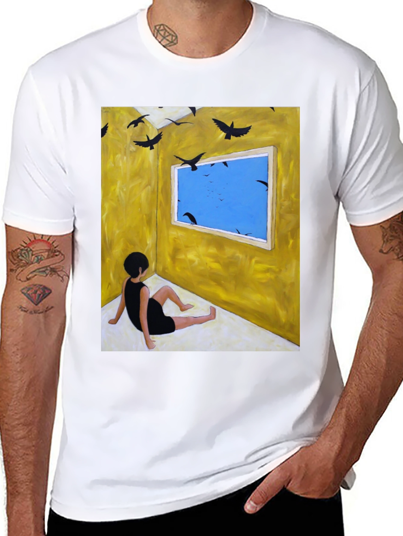 Black Artistic Crow Window Graphic Tee view 8