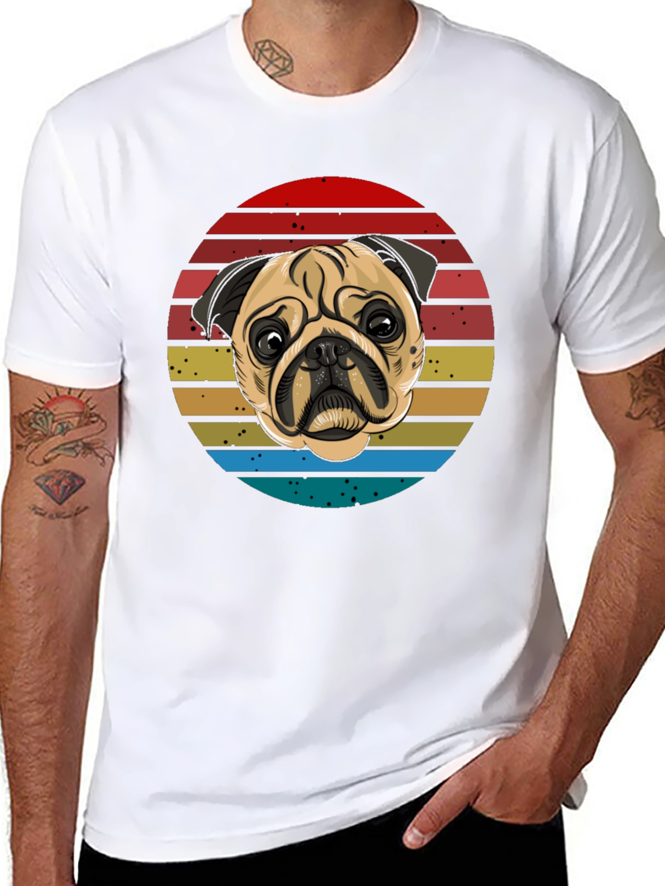 Black Pug Retro T-Shirt, Black Cotton Tee view 8