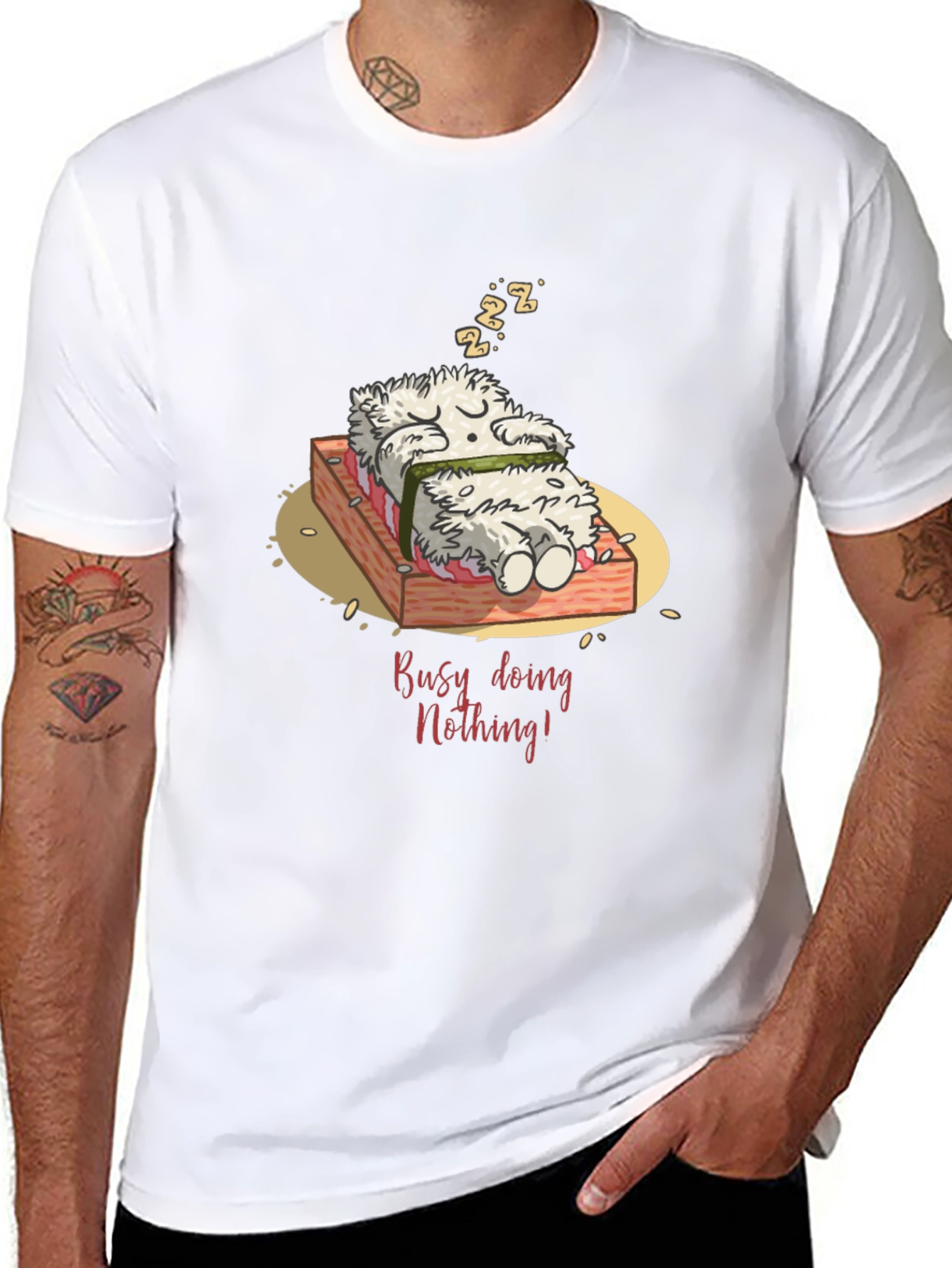 Black Funny "Busy Doing Nothing" Sushi Sleeping T-Shirt view 8