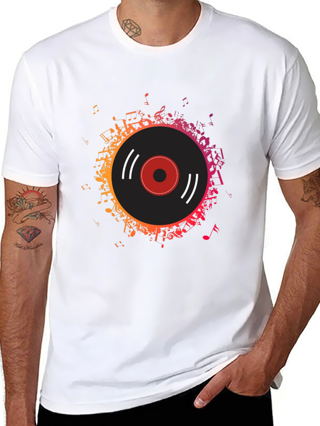 Black Vinyl Record Music Notes Graphic Tee view 8