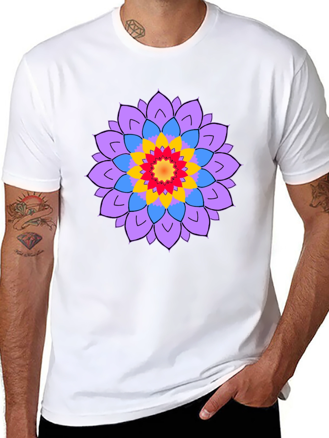Black Men's Black T-Shirt with Mandala Flower Design view 8