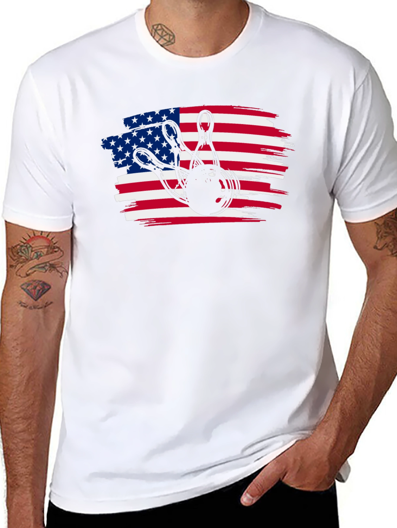 Black American Flag Bowling T-Shirt view 8