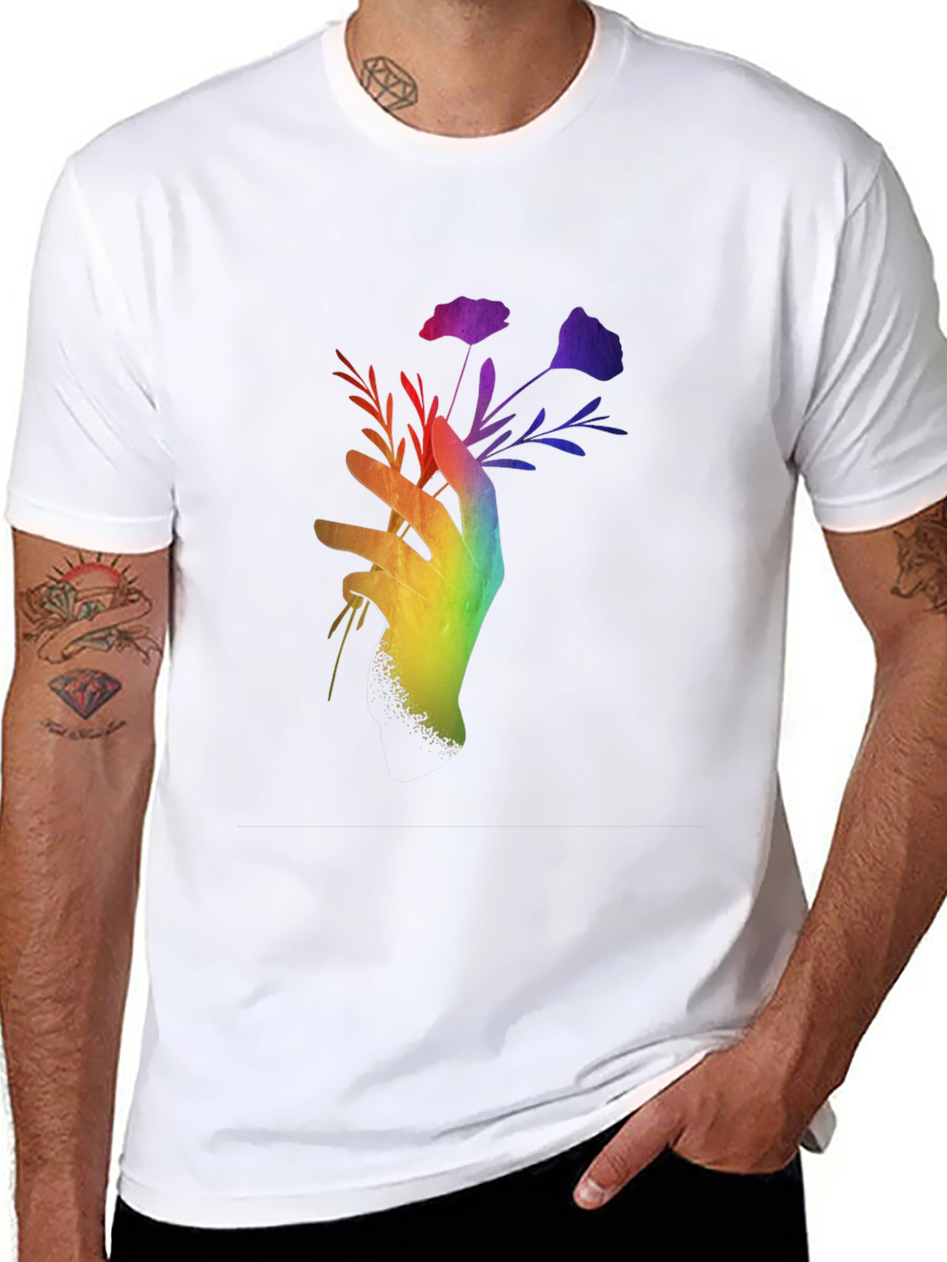Black Rainbow Hand Holding Flowers Black T-Shirt view 8