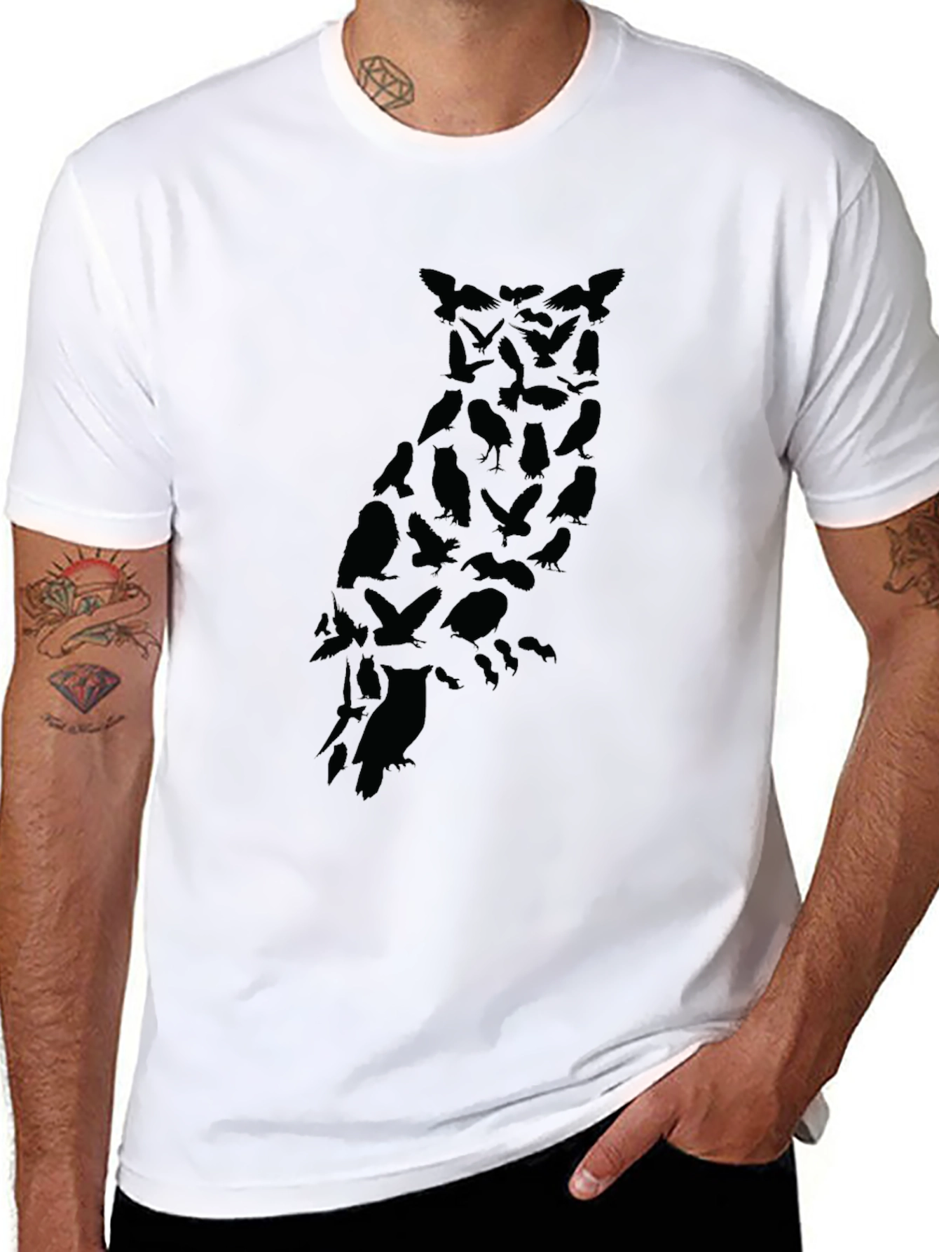 Black Men's Owl Silhouette Graphic Black T-Shirt view 8