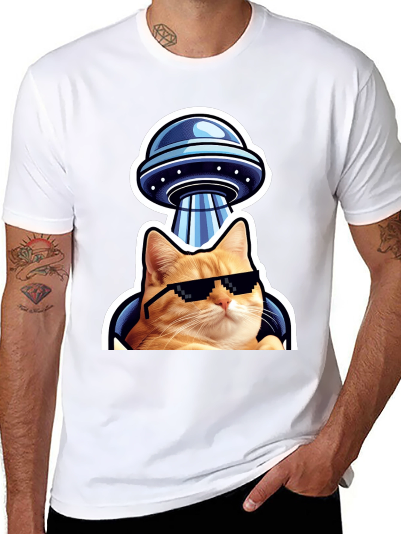 Black Cool Cat UFO T-Shirt - Black Cotton Tee view 8