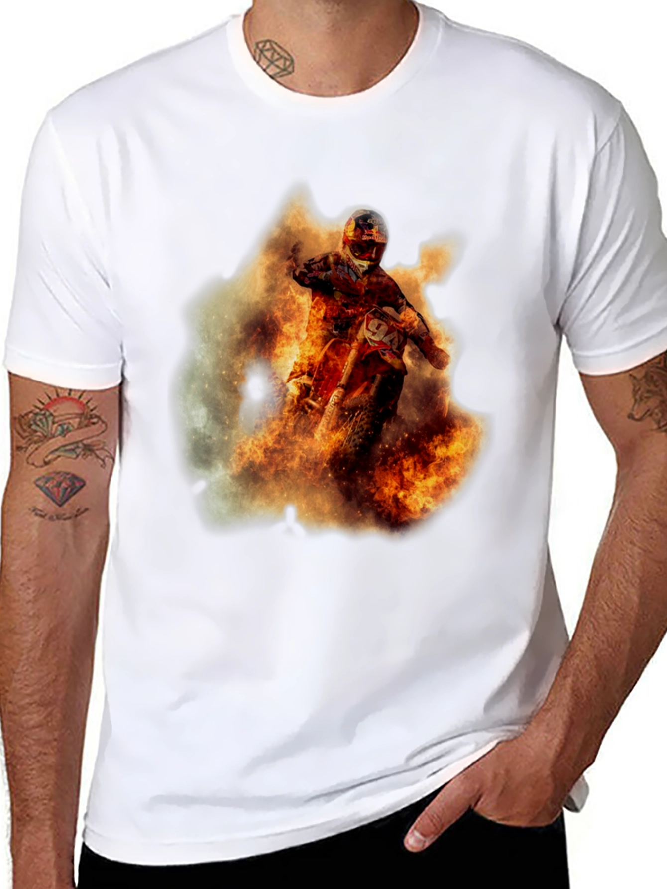 Black Fiery Motocross Rider Graphic Tee view 8