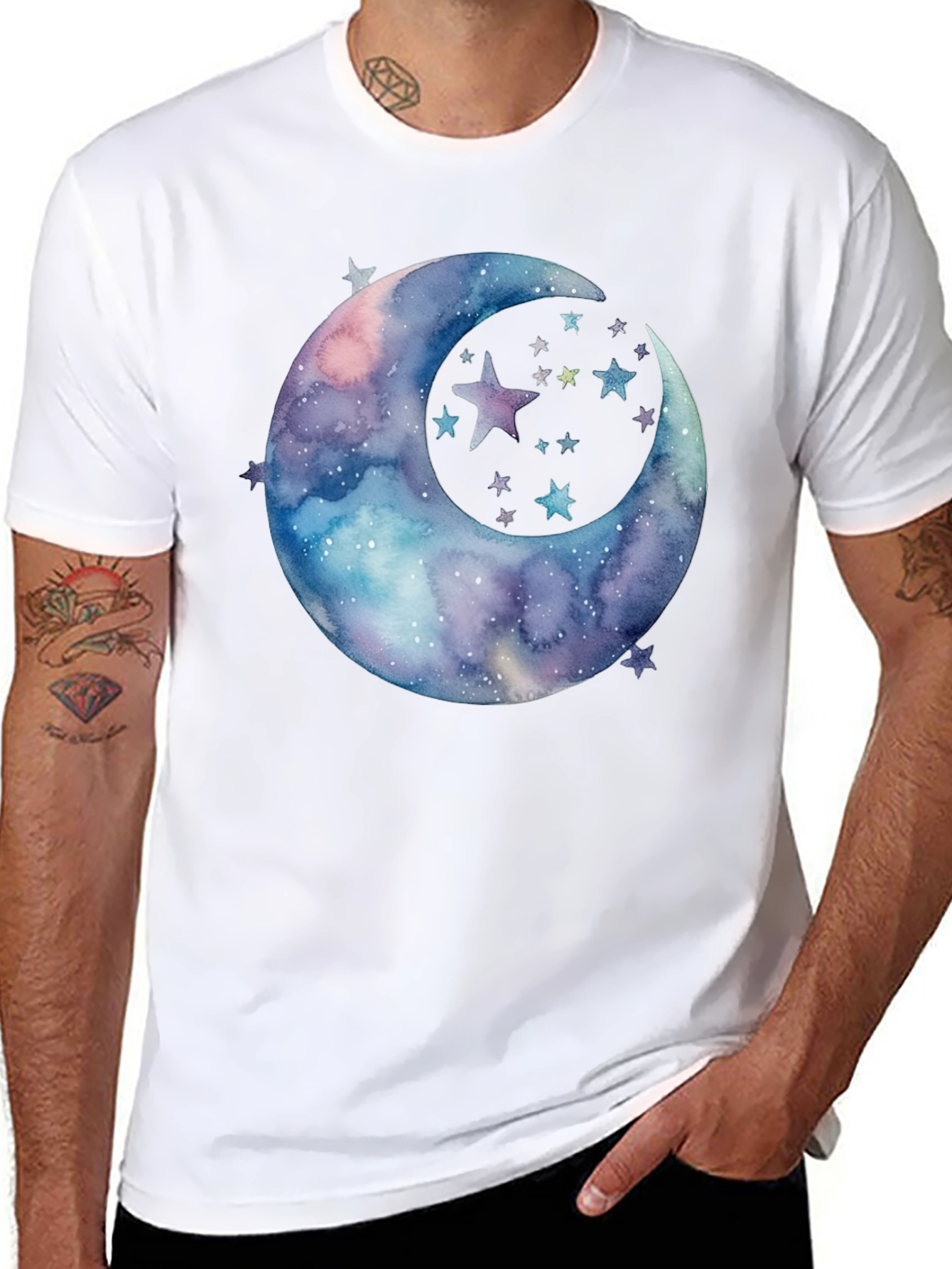 Black Watercolor Moon & Stars Graphic Tee - Black Cotton view 8