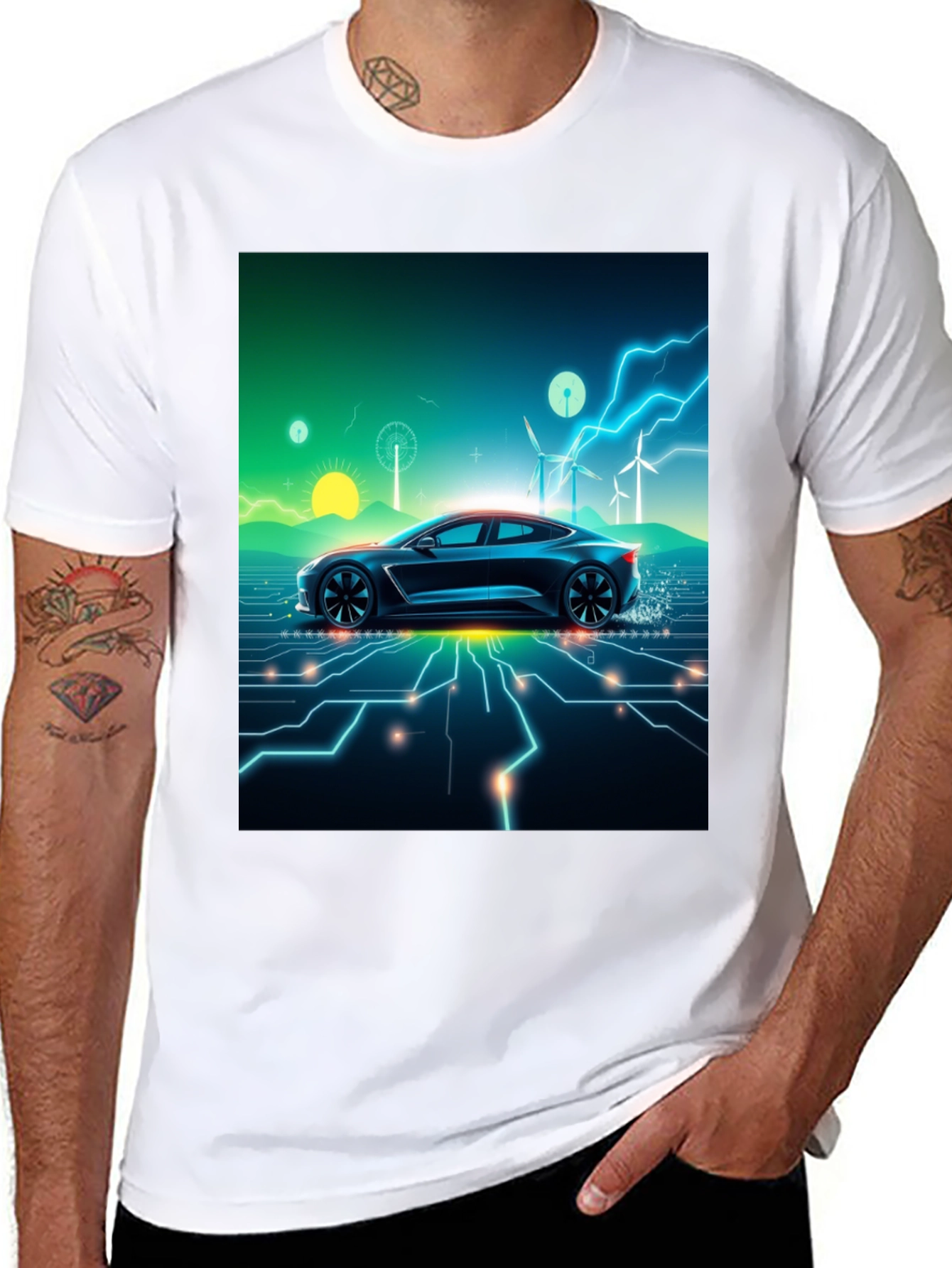 Black Electric Car T-Shirt - Futuristic Style view 8