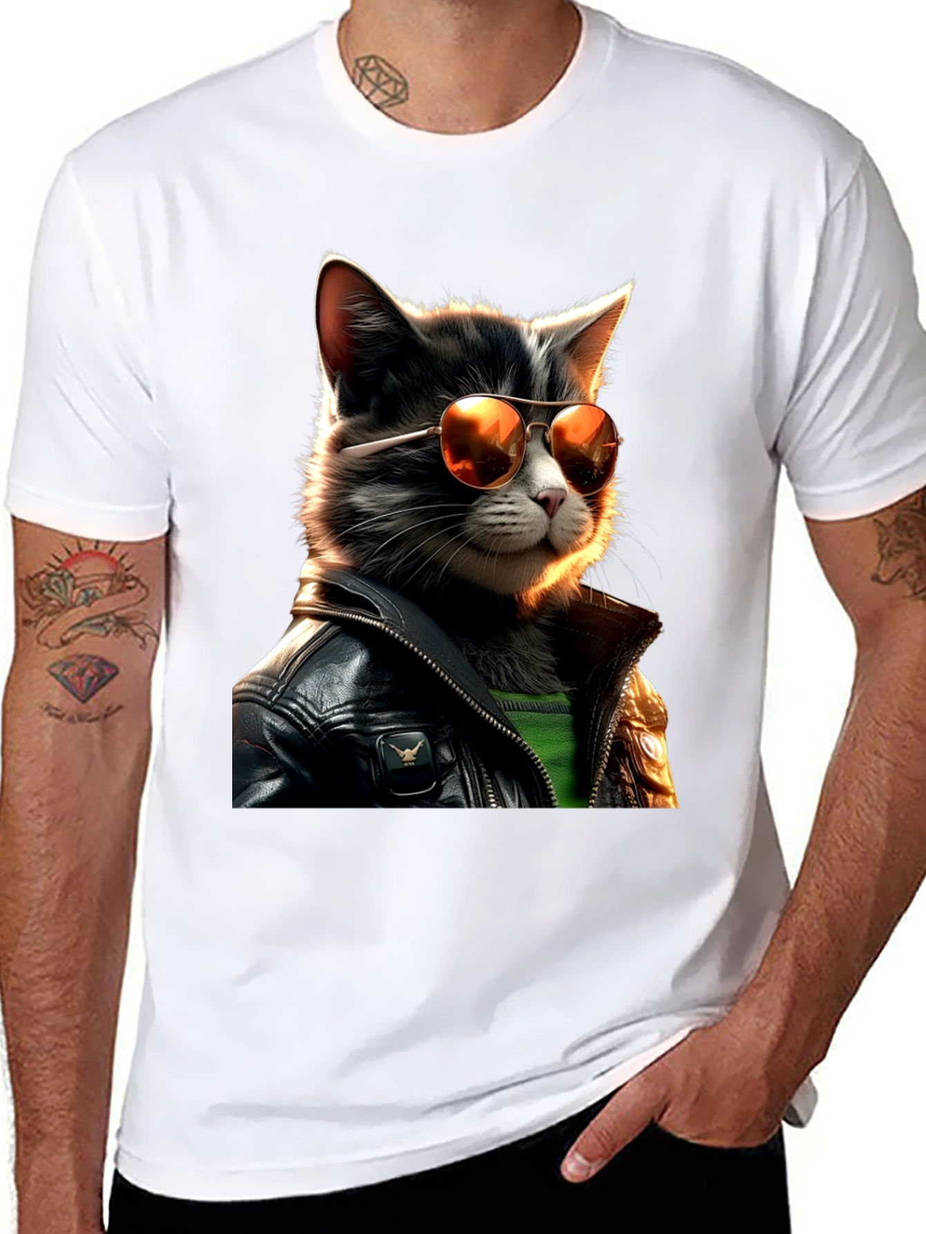 Black Cool Cat in Leather T-Shirt view 8