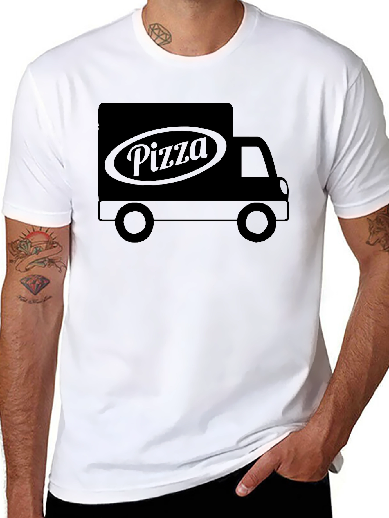 Black Pizza Delivery Truck Graphic Tee - Unisex Black T-Shirt view 8