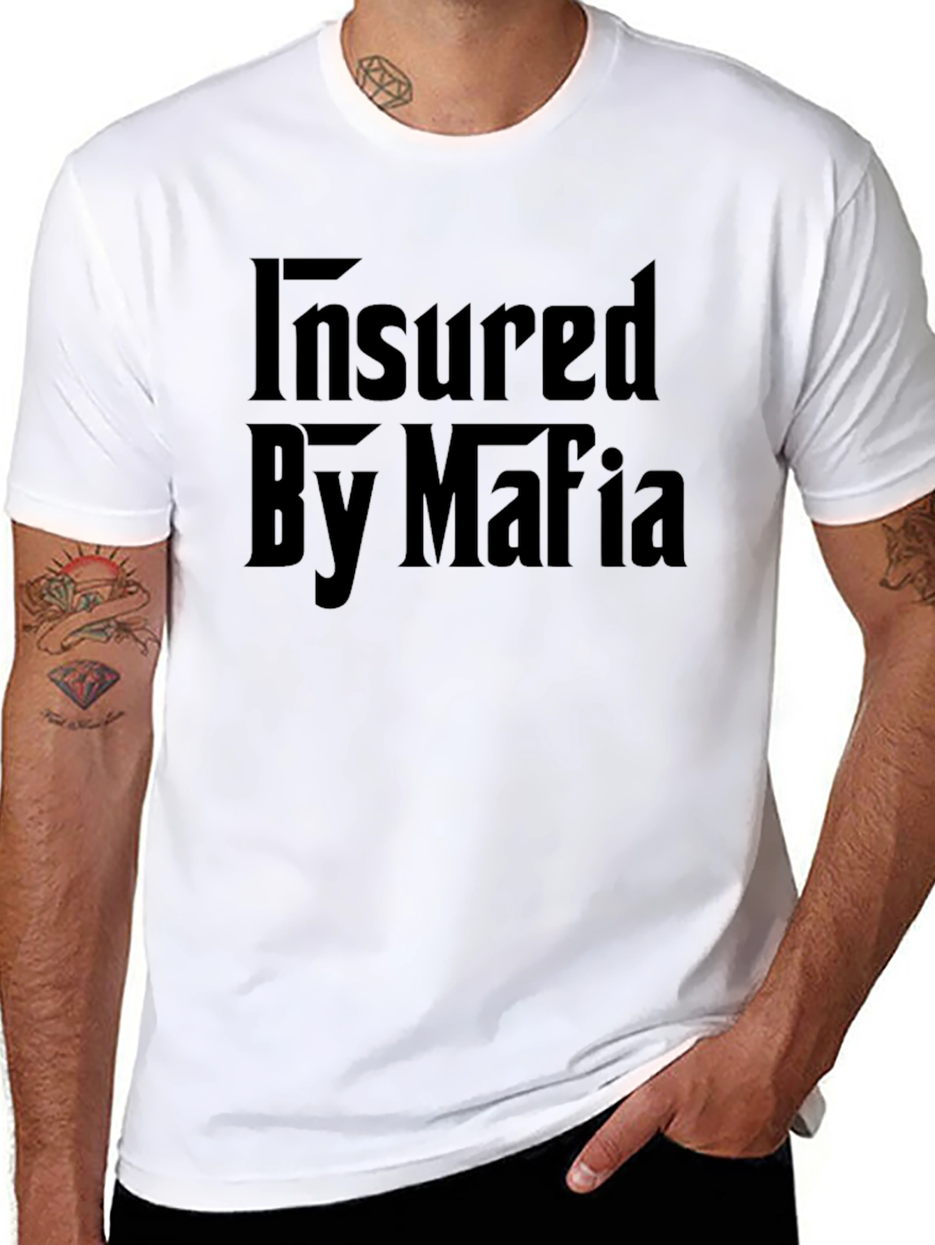 Black Insured By Mafia Funny Graphic Black T-Shirt view 8