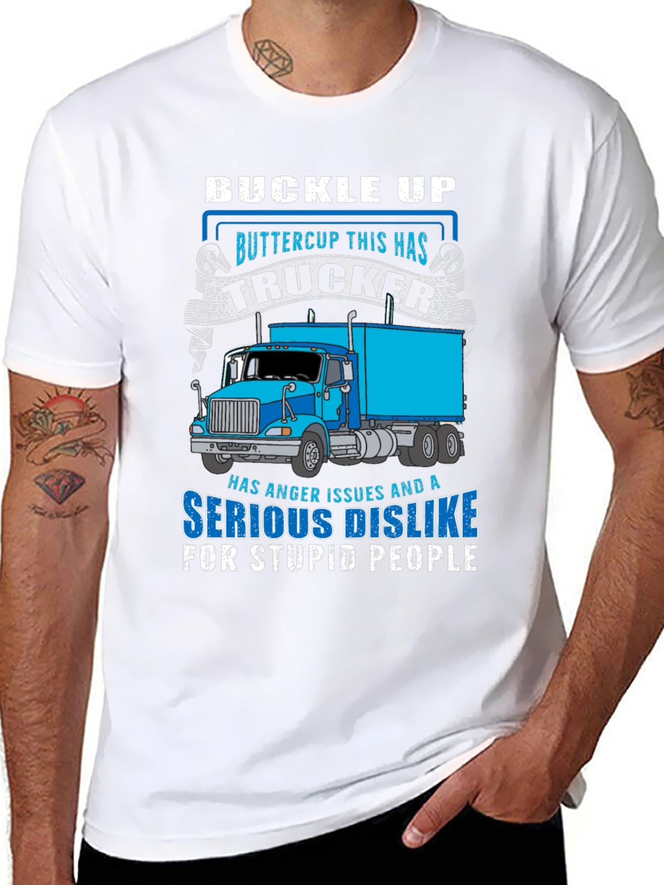 Black Buckle Up Trucker T-Shirt: Anger Issues & Dislike for Stupid People view 8