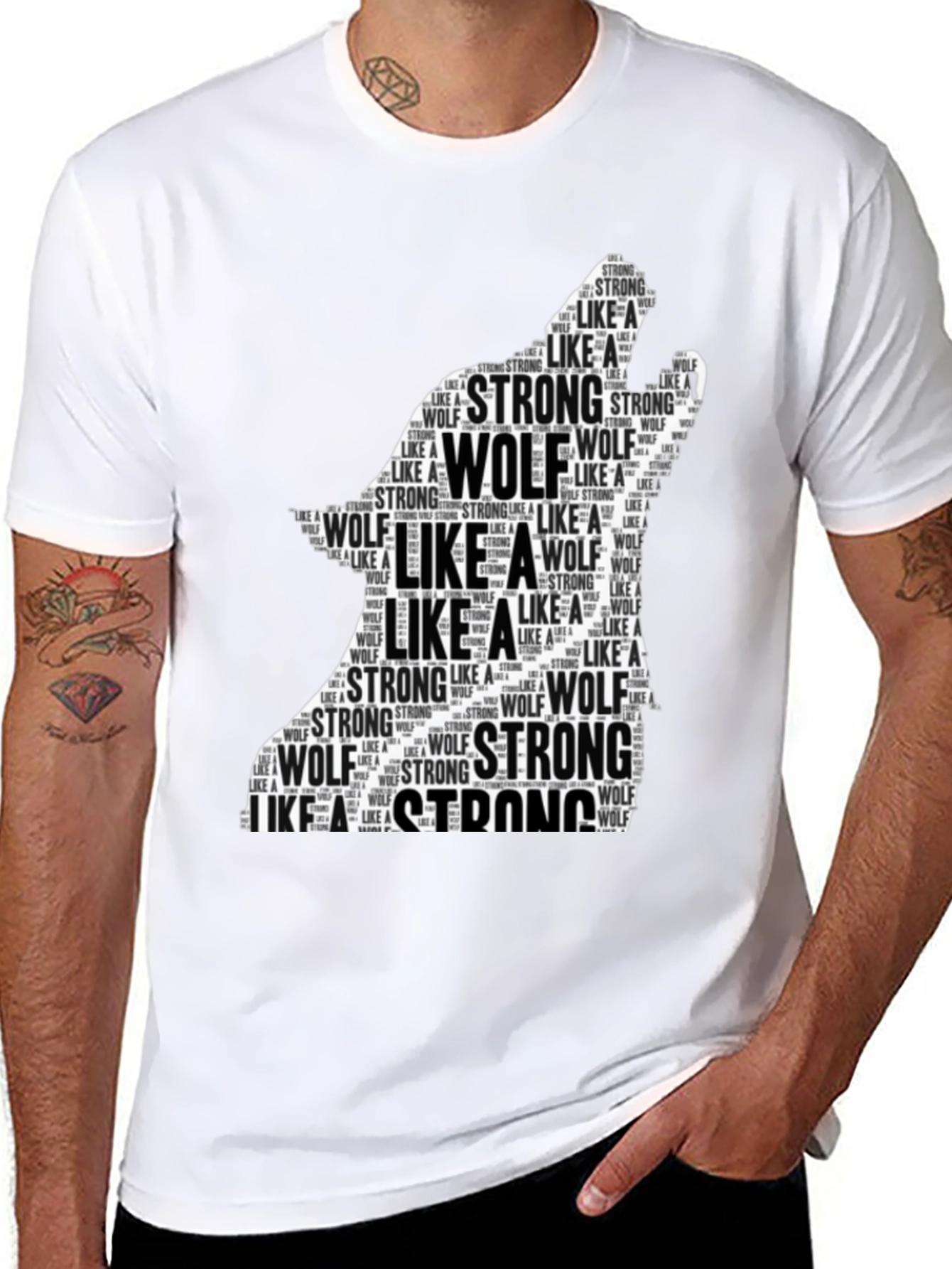 Black Wolf Silhouette Word Art T-Shirt - Strong Like a Wolf Tee view 8